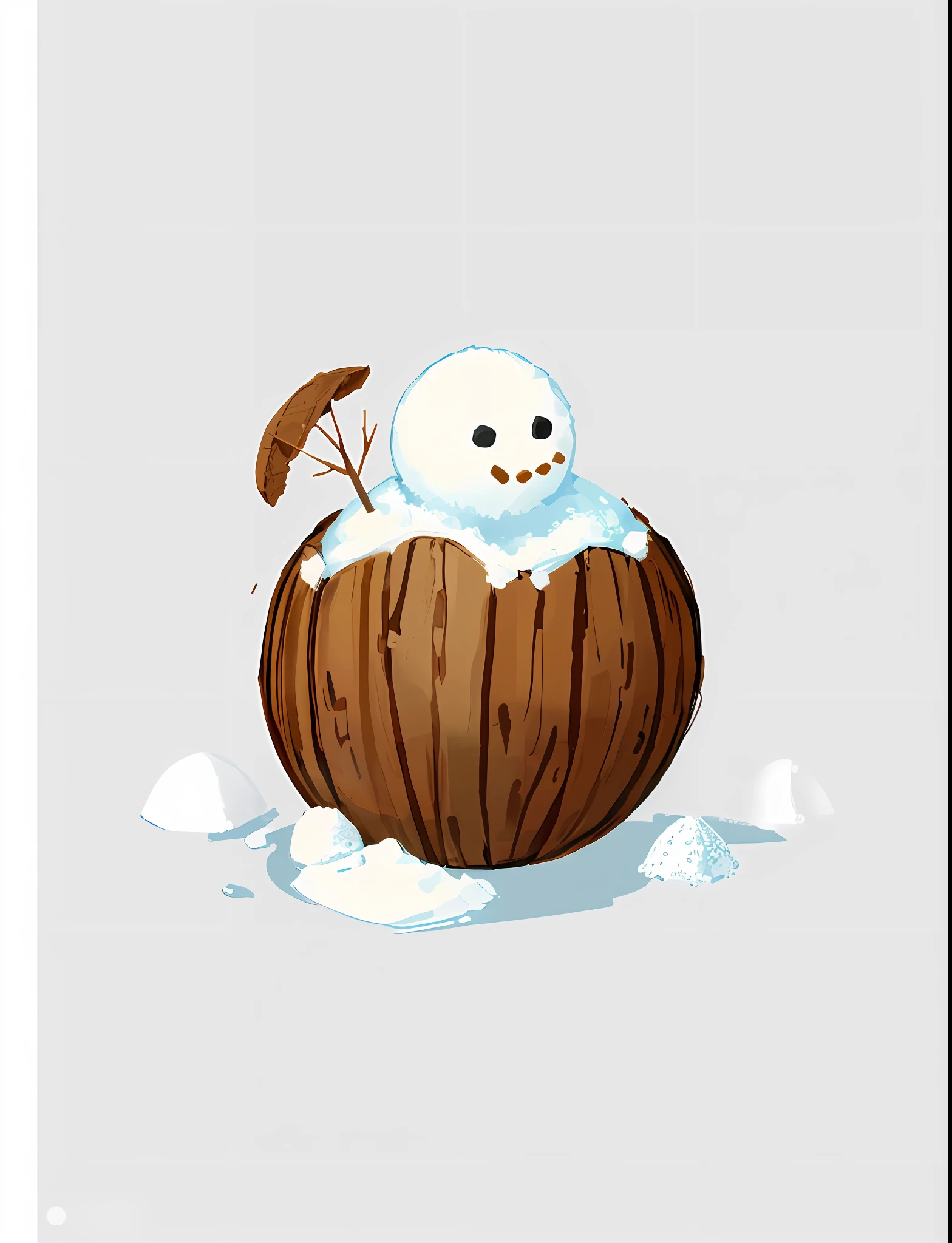 Masterpiece, best quality, simple background, best quality, masterpiece, 8k, 4k, extreme resolution, ultra-high resolution, minimalist art style, (flat painting: 1.15), brown half coconut shell, (snowman on coconut: 1.15), (cute: 1.35), cartoon, (snowman living in coconut shell: 1.75), wavy mouth,