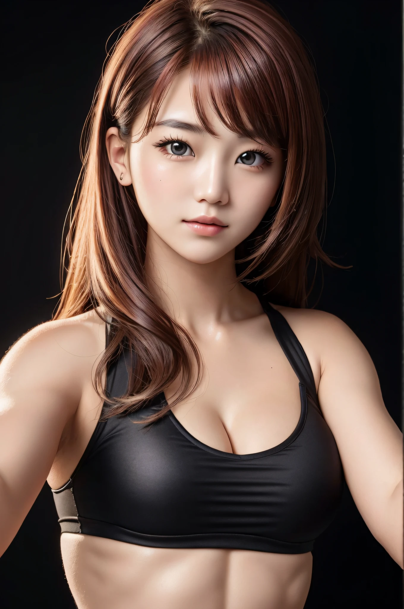 fitness girl, 8k, perfect lighting, perfect face, delicate face, beautiful eyes, beautiful face, soft smile, upper body, (dark red hair), (simple background), (dark background), (depth of field), closeup, selfie