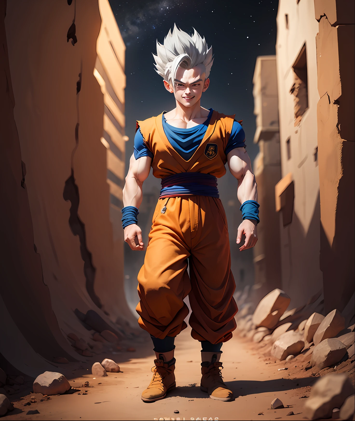 masterpiece, best quality, ultra-detailed, adult Gohan 1boy, solo, full body, evil smile, gray hair, spiky hair, red eyes, dougi, full body, looking at the viewer, male focus, earth \(planet\), , space, cracked soil and rocks rising, rubble rising,