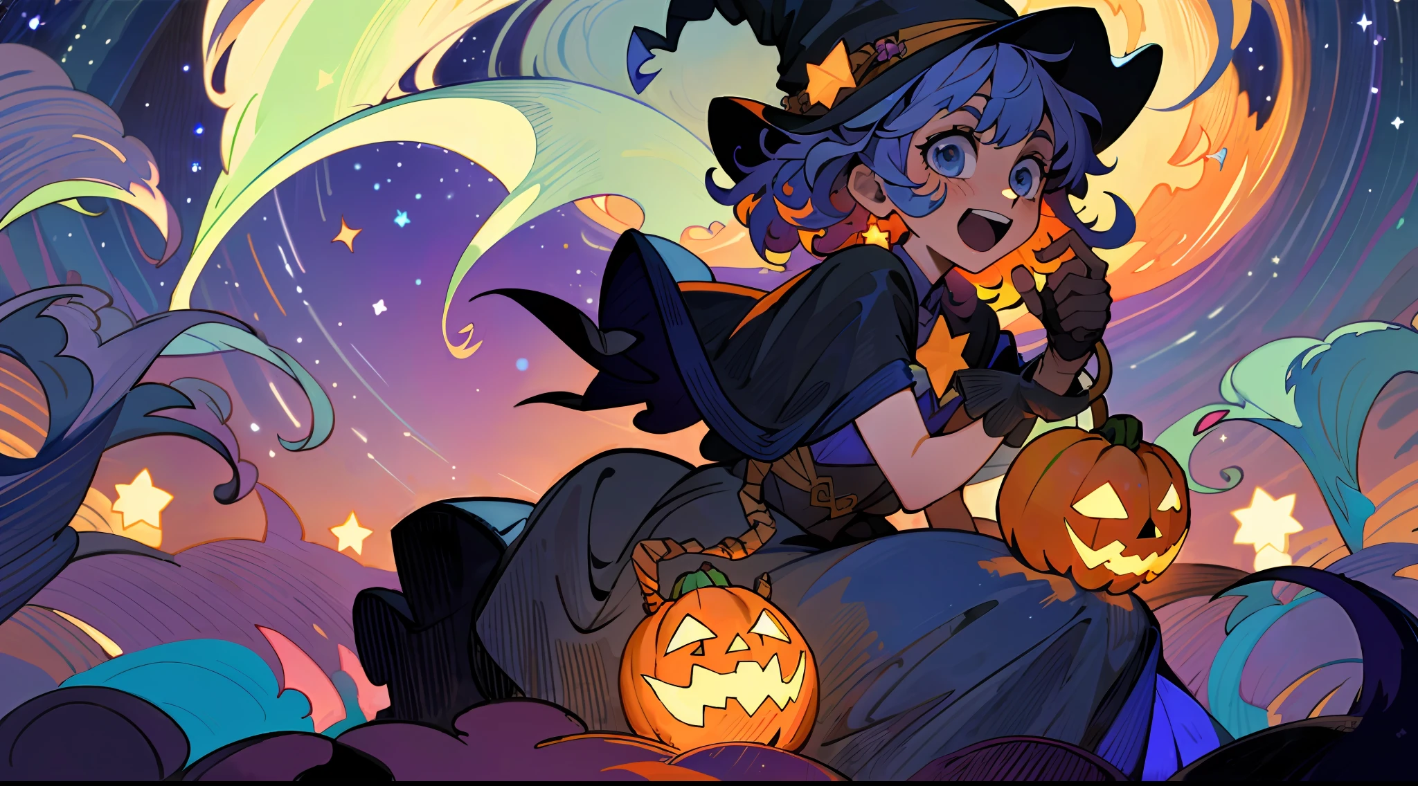 ((masterpiece:1.2, best quality)), 1girl, solo, (witch hat), a close up of a girl with curly hair, dress, aurora, night, star (sky), gloves, sky, dress, night sky, open mouth, starry sky, light blue eyes, ribbons, smile, cape, colorful hair, magic, casting spell, night, (impressionism:1.4), alphonse mucha, Halloween colors, colorful candy, magical lights, pumpkins, candies