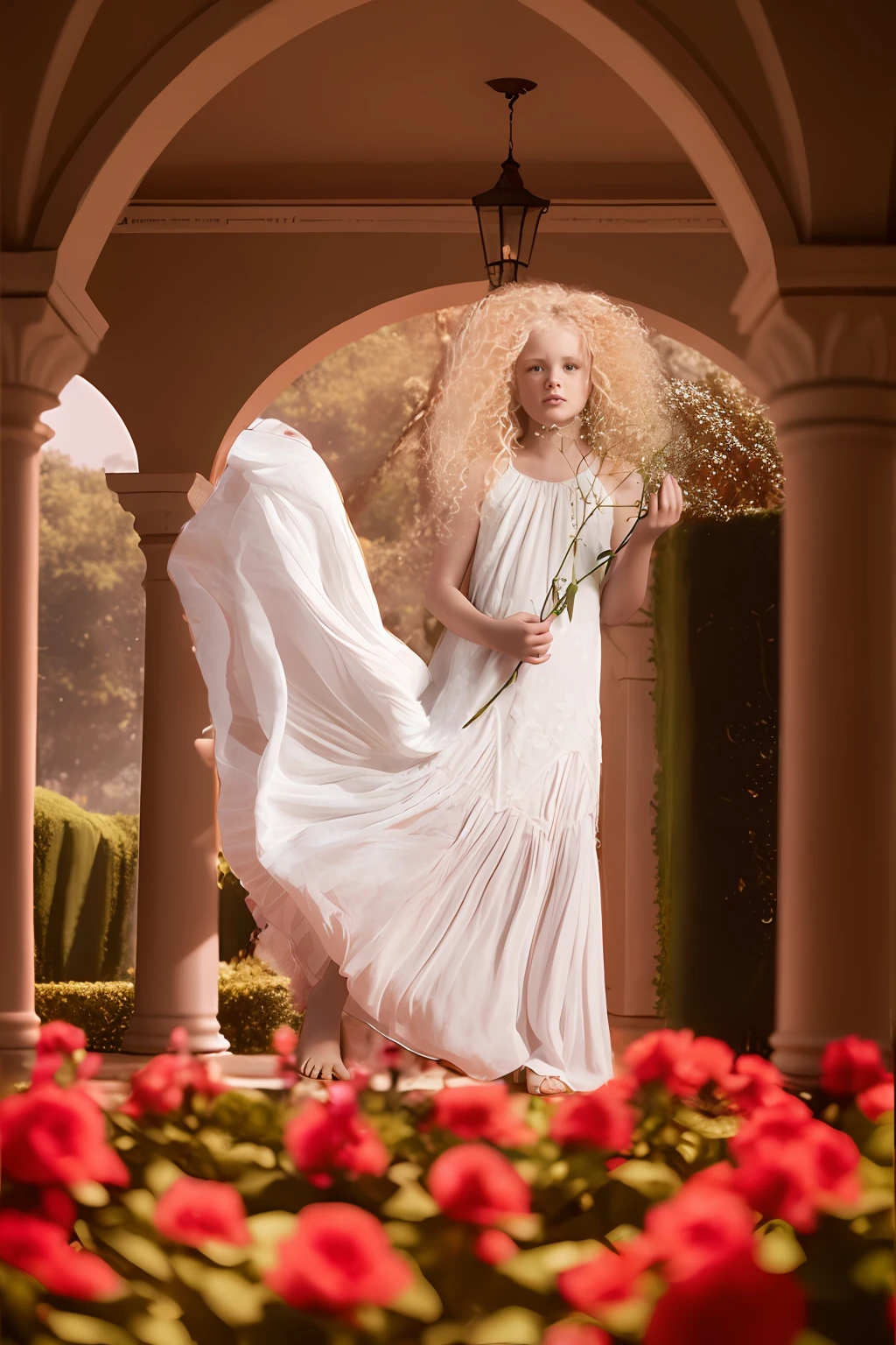 The image depicts a girl in Renaissance style, looking directly into the camera. She is dressed in period clothes, with richly detailed fabrics and a serene expression on her face. In the background, there is a stunning Renaissance garden, filled with lush greenery and colorful flowers. The scene is captured with an 8K Canon EOS R5 camera, resulting in high-resolution image quality and sharp detail. The composition of the image evokes a cinematic atmosphere, with soft lighting and soft shadows. The girl is the focal point of the image, with the garden elements in the background, creating a sense of depth and realism. The landscape is portrayed realistically, with attention to detail of plants, trees and other natural elements. The Renaissance setting adds a touch of elegance and sophistication to the image, transporting the viewer. This image conveys the feeling of being in a period scene, transporting the viewer to a charming Renaissance garden, with the girl as the protagonist, bringing life and beauty to the scene. In the background of a Renaissance painting, a meticulously designed Renaissance garden stretches as far as the eye can see. Vibrant flower beds blend with neatly trimmed shrubs, while a central fountain gushes crystal clear water. In the background, a majestic palace with imposing pillars and ornate windows completes the scene. In one cinematic scene, a Renaissance garden bathed in sunlight reveals itself. Rose bushes exude their scent into the air, while peacocks display their colorful feathers amid bubbling fountains. In the center of the garden, a maze of tall hedges creates a challenge for the characters, while classical music plays in the background. While exploring a Renaissance garden in a cinematic scene, characters get lost in a forest of intricately cut topiaries, forming fascinating geometric shapes. Scrolls with written poetry hang from trees, he reveals