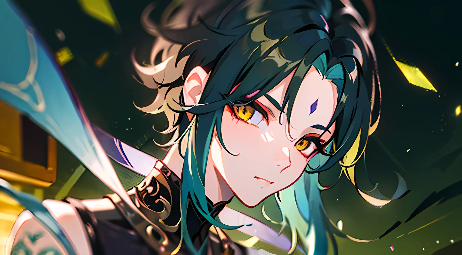 1boy,dark green hair,best quality,masterpiece,extremley,yellow eyes,male focus,beautiful eyes,