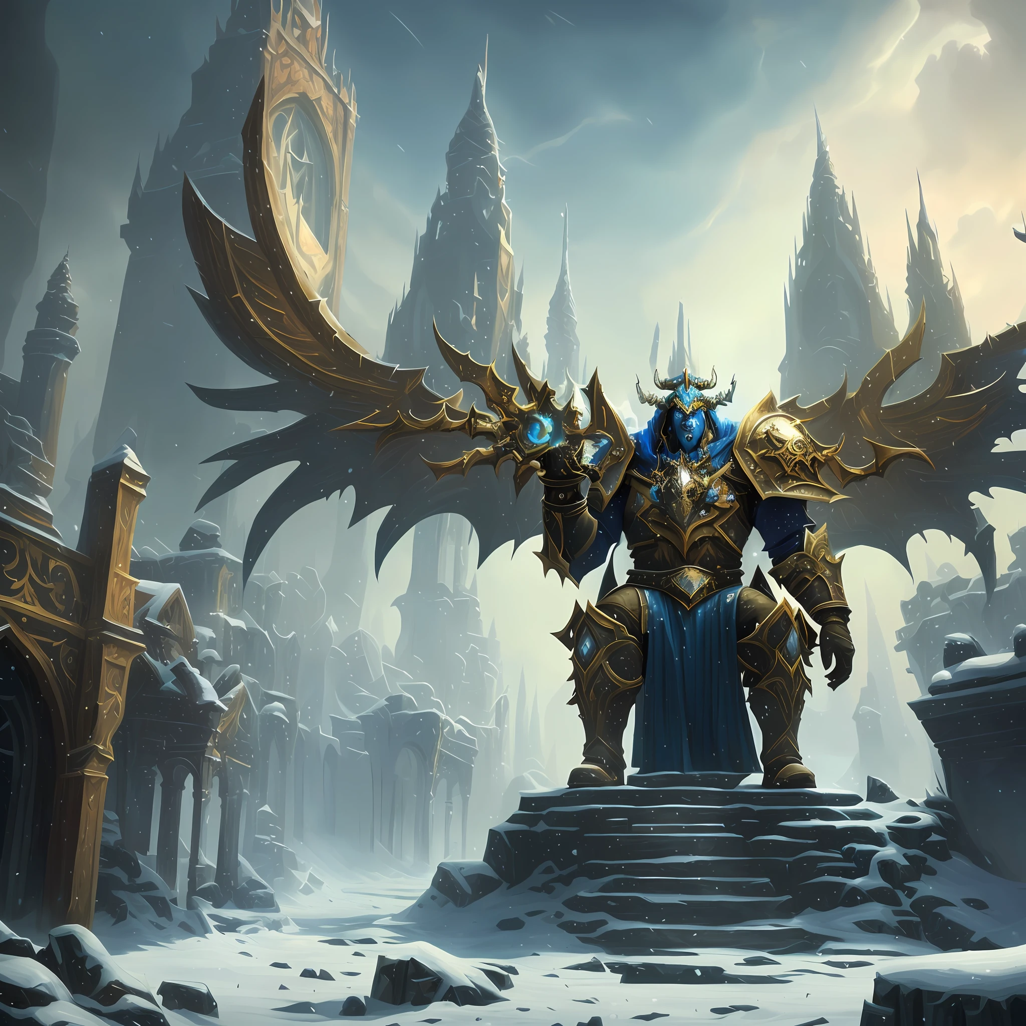 arafed image of a giant winged creature in a snowy city, world of warcraft splash art, blizzard game concept art, world of warcraft concept art, blizzard concept art, blizzard warcraft artwork, blizzard concept artist, world of warcraft art style, 8k hd wallpaperjpeg artifact, 8 k hd wallpaperjpeg artifact, lich king, blizzard concept artists