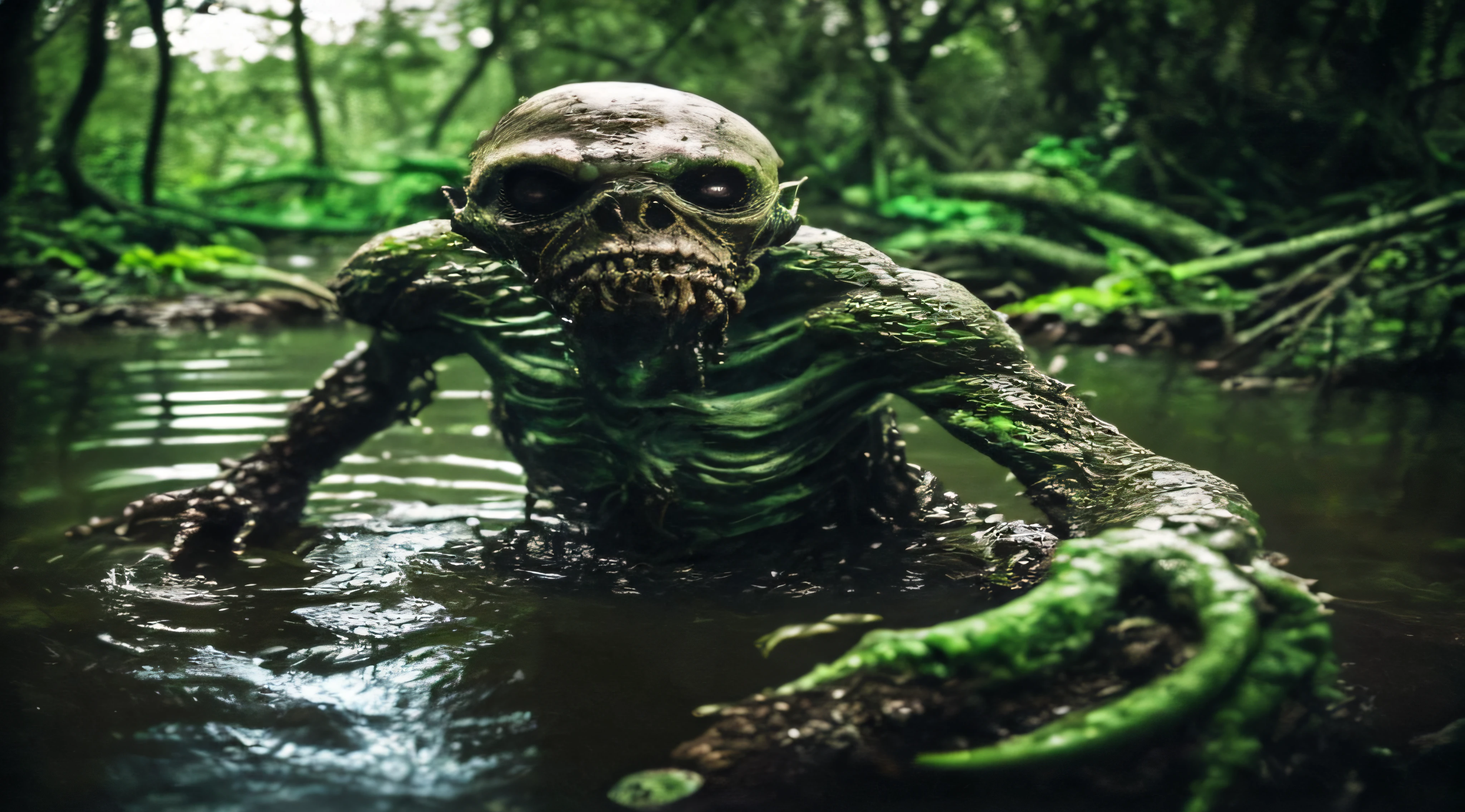 a close up of a creepy creature in a swampy area, swamp monster, xenomorph octopus in a swamp, swamp thing, in a swamp, river styx, eery dead swamp setting, rick baker style, vecna from stranger things, creepy mutant flesh creature, swampy atmosphere, swamps, scary creature, rick baker, dark swamp