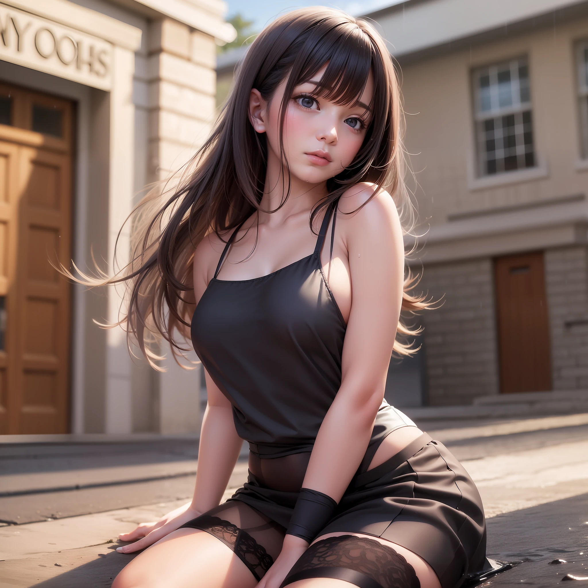 Top quality, realistic, 8K, HD, 1 girl, female, (1.8), school, school, schoolgirl, clear collarbone, delicate facial features, large chest, white camisole on the upper body, miniskirt on the lower body, (black silk knee socks), blushing, soaked clothes, outside, raining, kneeling on the ground