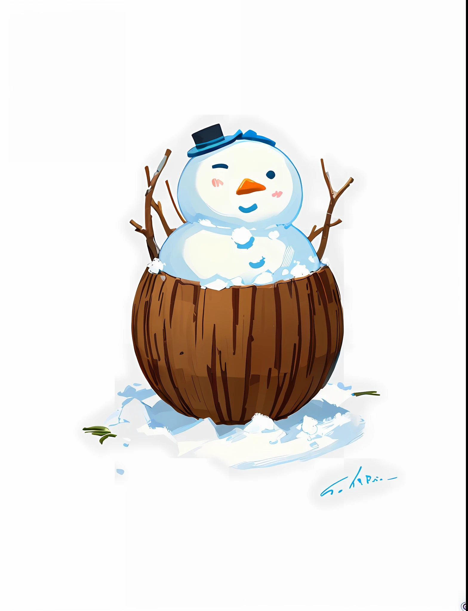 Masterpiece, best quality, simple background, best quality, masterpiece, 8k, 4k, extreme resolution, ultra-high resolution, minimalist art style, (flat painting: 1.15), brown half coconut shell, (snowman on coconut: 1.15), (cute: 1.35), cartoon, (snowman living in coconut shell: 1.75), wavy mouth,