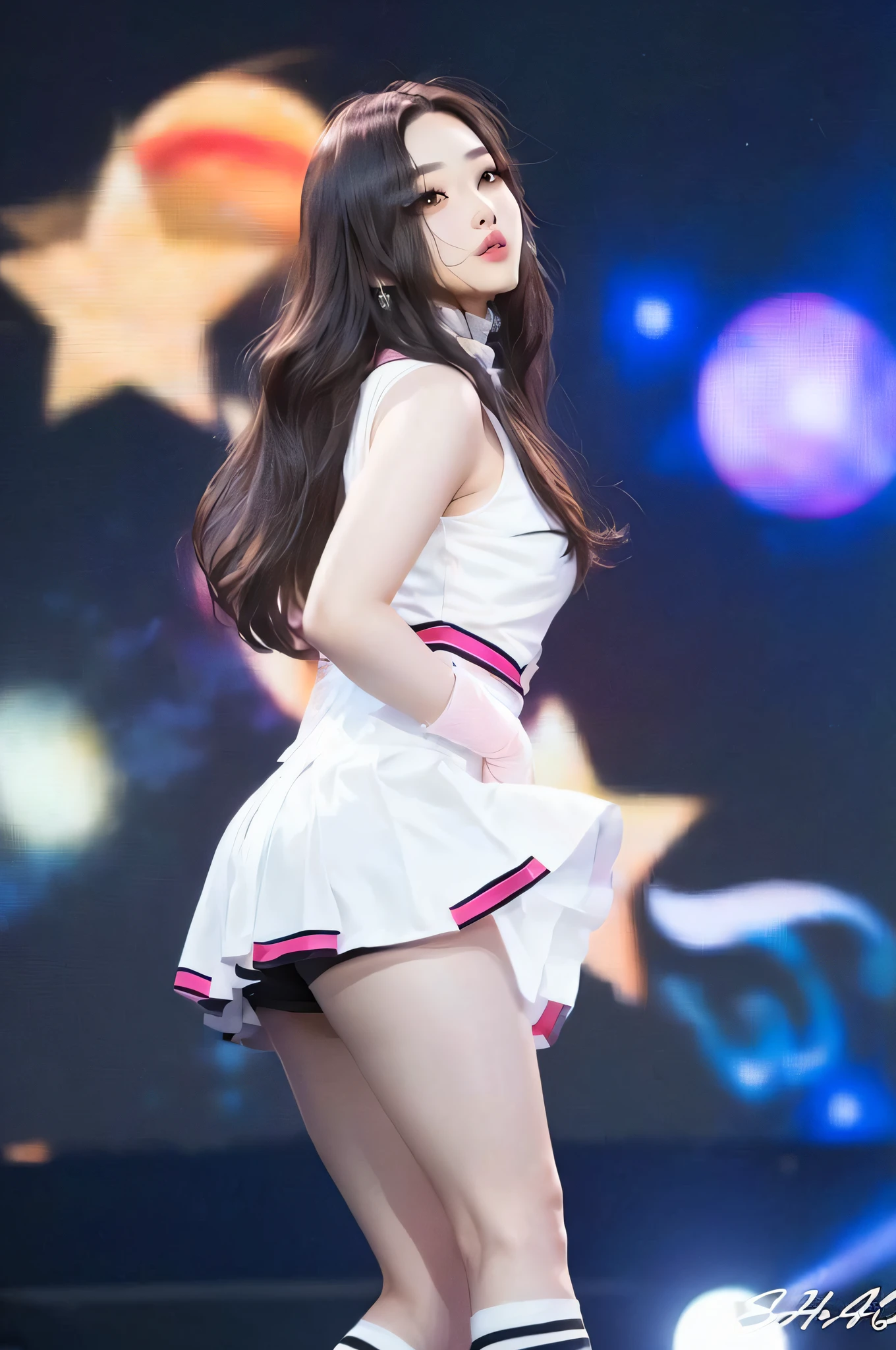 a woman in a white dress and black socks is posing on stage, bae suzy, korean idol, jaeyeon nam, performing on stage, park ji-min, irelia, hwang se - on, jisoo from blackpink, jisoo of blackpink, full body xianxia, dilraba dilmurat, korean kpop star, lee ji-eun