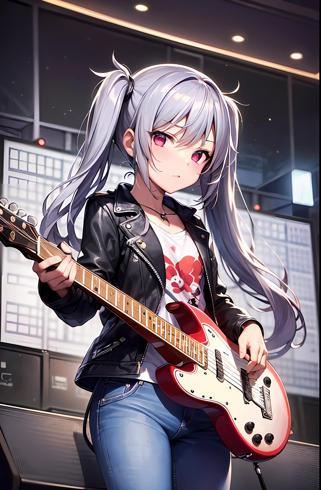((masterpiece)), (((best quality))), ((ultra-detailed)), ((illustration)), ((disheveled hair)),((solo)),((pov)),1girl,15 year old face, solo,loli,small chest,red beautiful eyes,silver hair,long twintails hair,black jacket,jeans,Holding guitar,electric guitar, on stage, night,