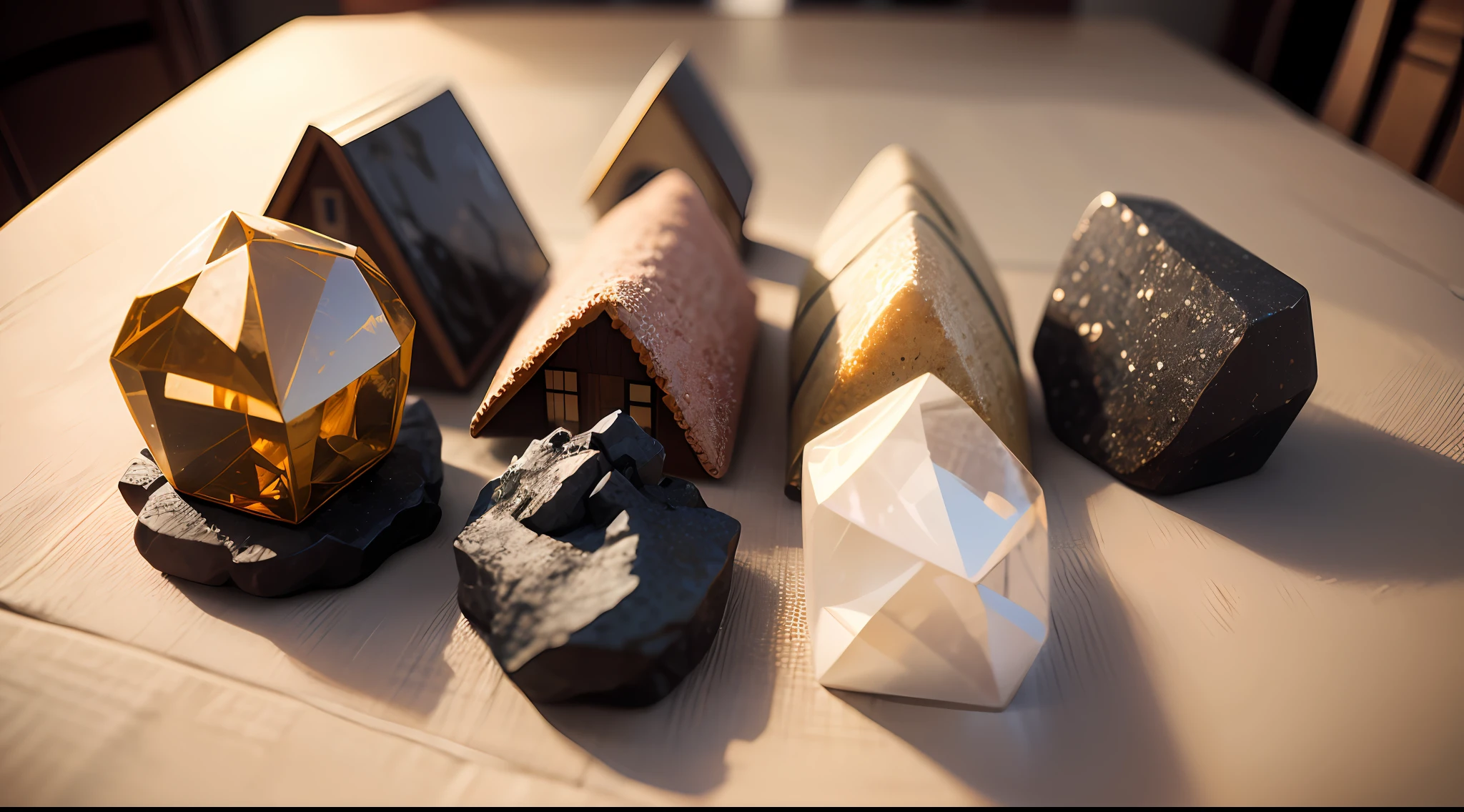 quartz for houses, several models spread out on a table, highlighting the beauty of them, brightness, the focal point should be the quartzoz --auto
