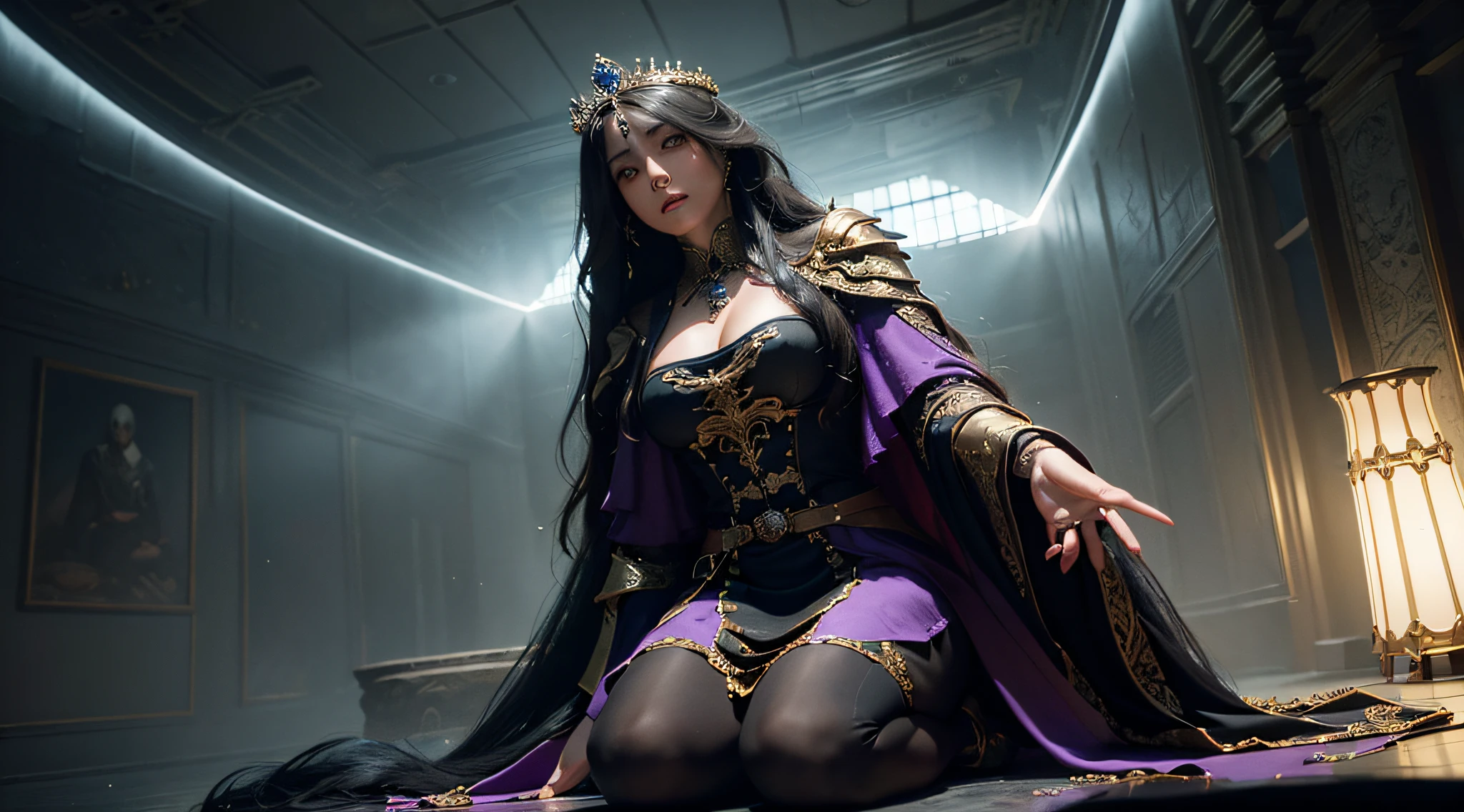 ((Best Quality)), ((masterpiece)), (detailed: 1.4), 3D, an image of a beautiful king in royal clothes in black and purple long hair ,HDR (High Dynamic Range),Ray Tracing,NVIDIA RTX,Super-Resolution,Unreal 5,Subsurface dispersion, PBR texture, Post-processing, Anisotropic filtering, Depth of field, Maximum clarity and sharpness, Multilayer textures, Albedo and specular maps, Surface shading,  Accurate simulation of light-material interaction, Perfect proportions, Octane Render, Two-tone lighting,Wide aperture,Low ISO,White balance,Rule of thirds,8K RAW,