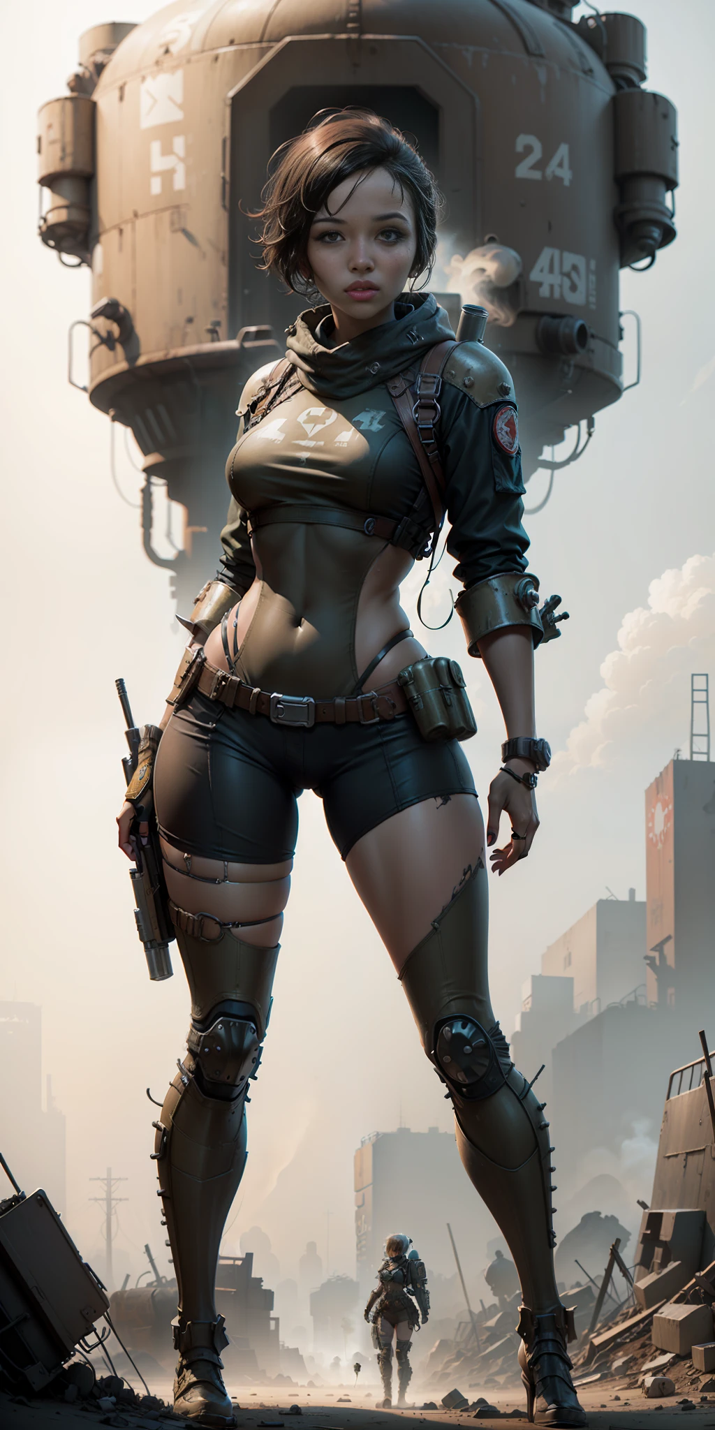 ((fallout 4)) drawing image of a black woman with a rifle, standing, in an armored vault suit suit, female character concept art, Fallout Wasteland art, detailed, Fallout suit, female character art, with a light leather armor, post-apocalyptic scavenger, ((white background)), post-apocalyptic explorer, female punk diesel, hyperdetailed full-body shot,  Post-apocalyptic costume, dieselpunk