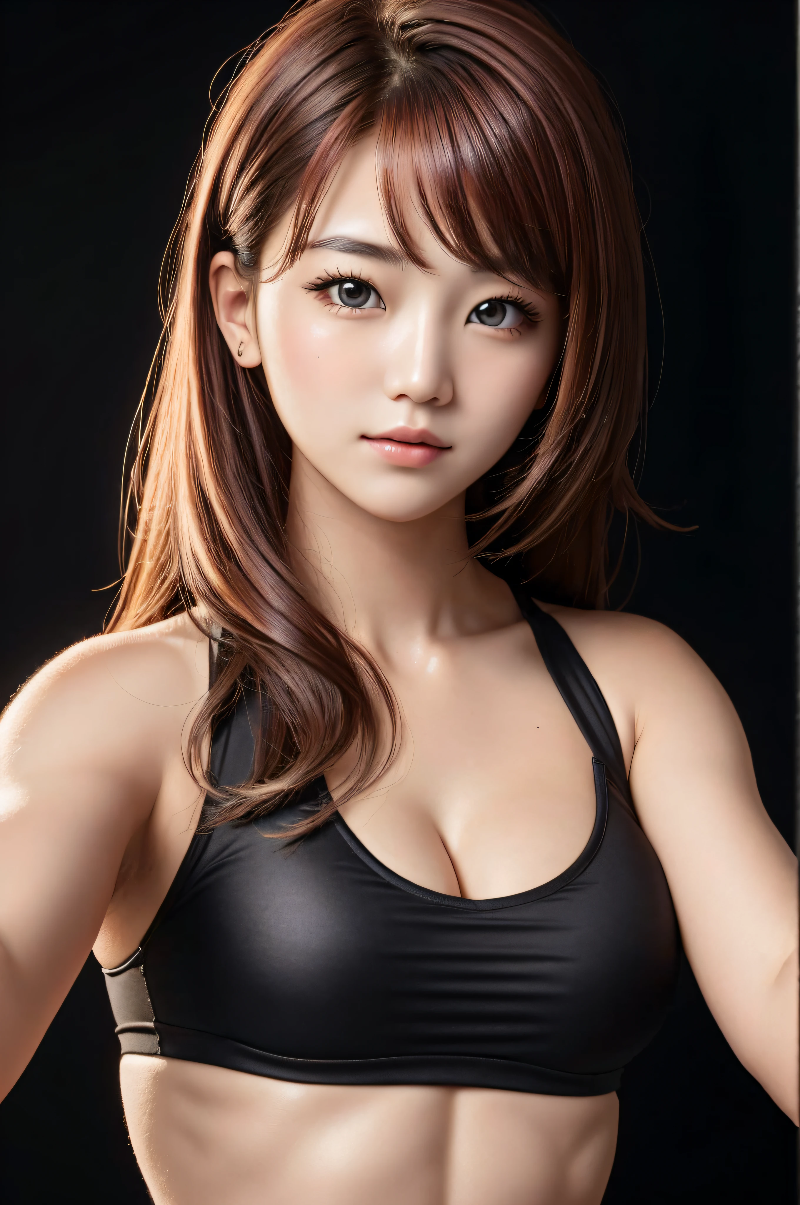 fitness girl, 8k, perfect lighting, perfect face, delicate face, beautiful eyes, beautiful face, soft smile, upper body, (dark red hair), (simple background), (dark background), (depth of field), closeup, selfie