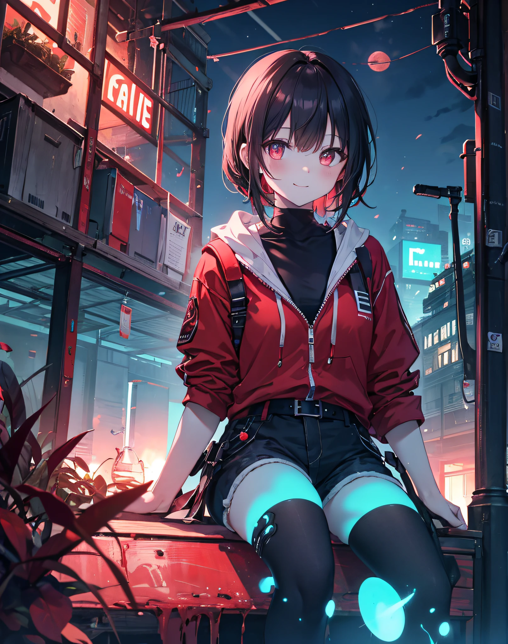 (masterpiece, best quality), farm ,f stable , chic modern placid farm girl clothes, feminine demeanor, short shorts, sitting on fence, overlooking farm ,outdoor,scenery smile, cyberpunk farm, , lightrays, buttdarkness, dark , luminous, glowing skin, bioluminescence, luminesce, partical, bioluminescent plants, glowing red forest, red skin ,red blood moon, upper_body,