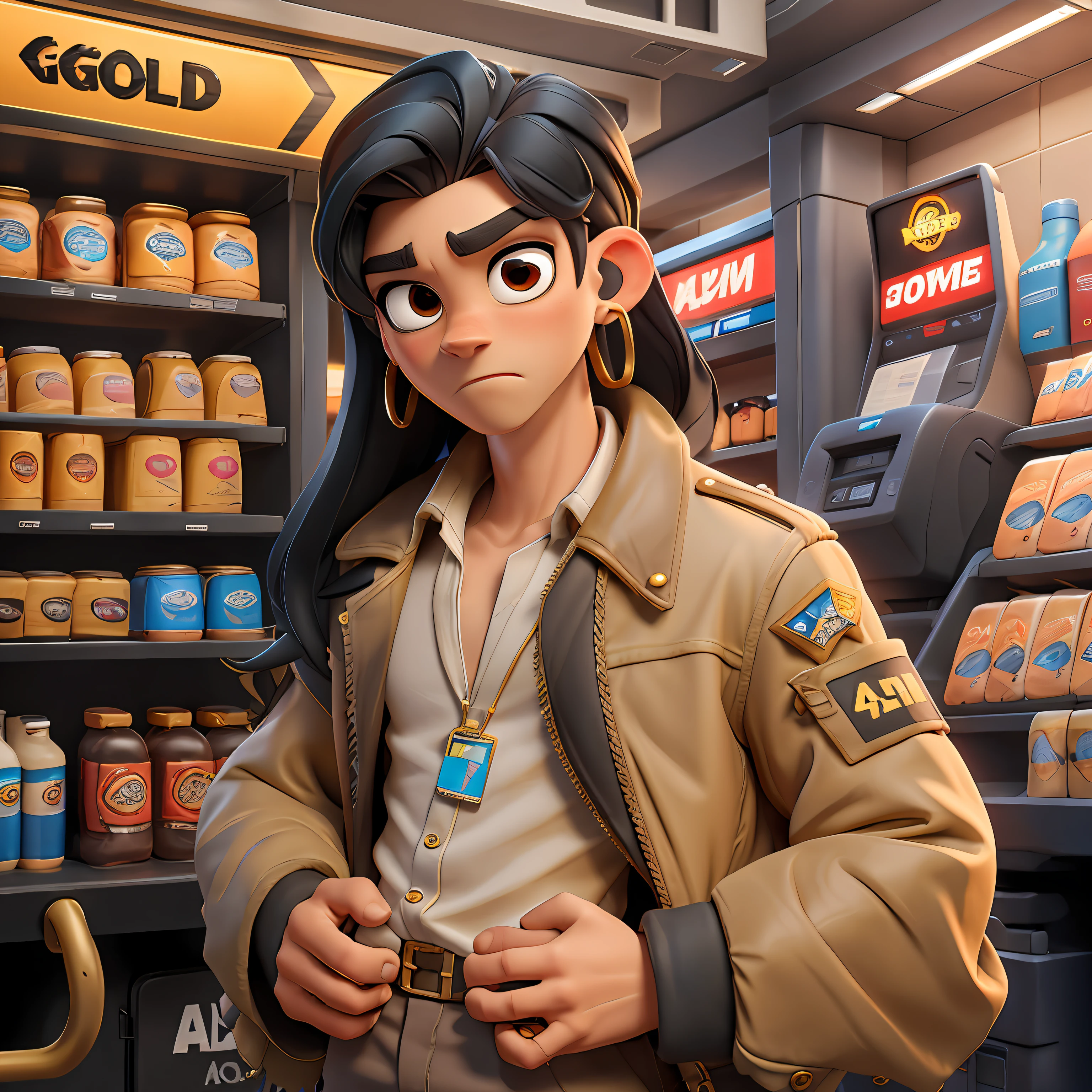 Young androgen with "long straight black hair", golden earrings, wearing "aviator's shirt and jacket", thick eyebrows, gas station, electric rays, high voltage