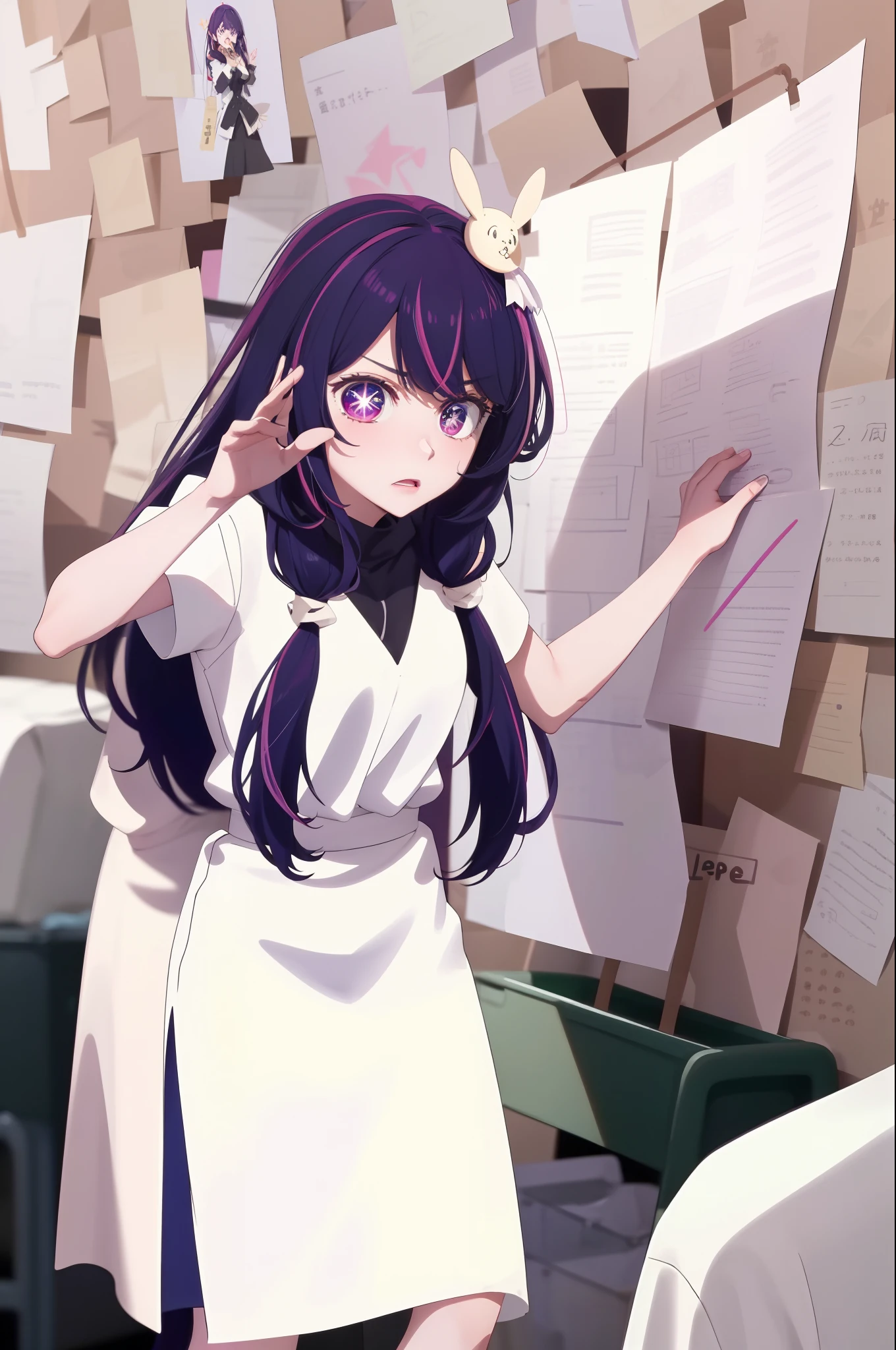 PepeSilviaMeme
wall, paper Hoshino Ai, long hair, purple hair, streaked hair ,purple eyes, star-shaped pupils, hair ornament,