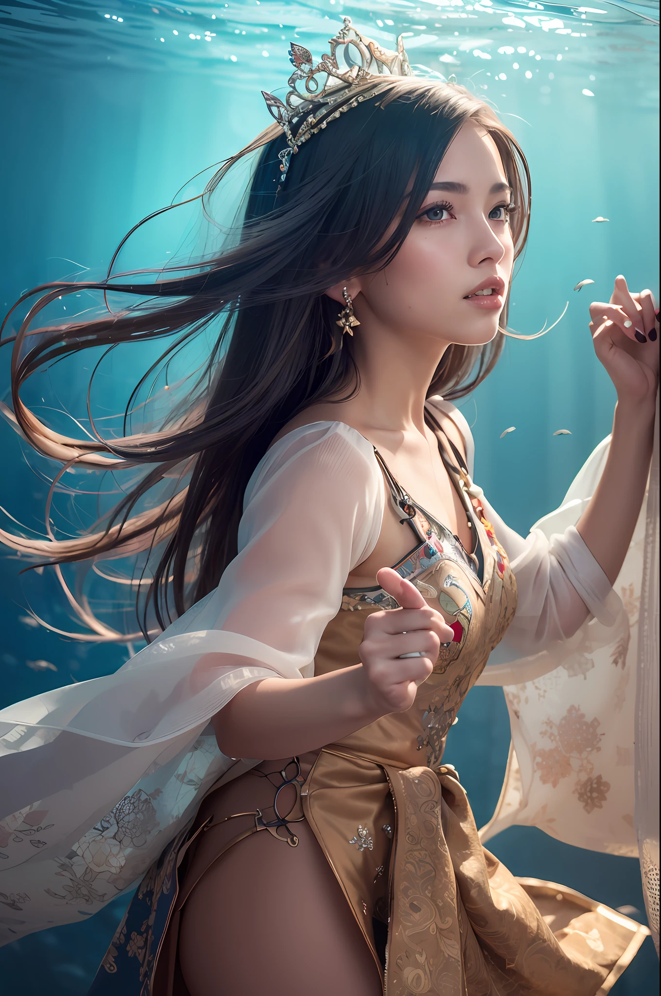 super high resolution, best quality, photo, 8K, (Realistic: 1.2), cinematic lighting, in a deep underwater world, lives a charming deep-sea girl, her hair is flowing like black flowing water, shining brilliantly on the transparent tail, this girl is always in the company of magical creatures in the ocean, the closest companions are a group of elegant jellyfish, 1 girl dancing, (Solo: 1.2), (Hair Crown: 1.2), Traditional Chinese Dunhuang Costume, No Straps, (Red Eyeliner: 1.2), Earrings, Dynamic Angles, Opera House, messy_long_hair, Ink, Movie Lighting, lens_flare, Velvet, Chrysanthemum, Tassel, Ribbon, C Embroidery, Depth of Field, Soft Lighting, Tone Mapping, Highly Detailed, Concept Art, Smooth, Clear Focus, Dramatic Lighting, Highly Detailed Art, Film, 8K, Amazing shadows (highly detailed background: 1.2)