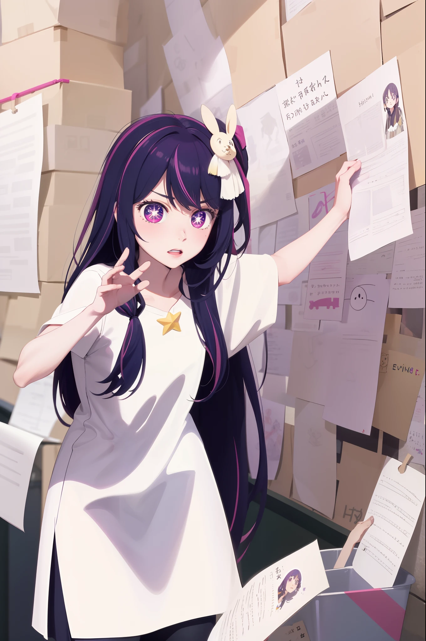 PepeSilviaMeme
wall, paper Hoshino Ai, long hair, purple hair, streaked hair ,purple eyes, star-shaped pupils, hair ornament,