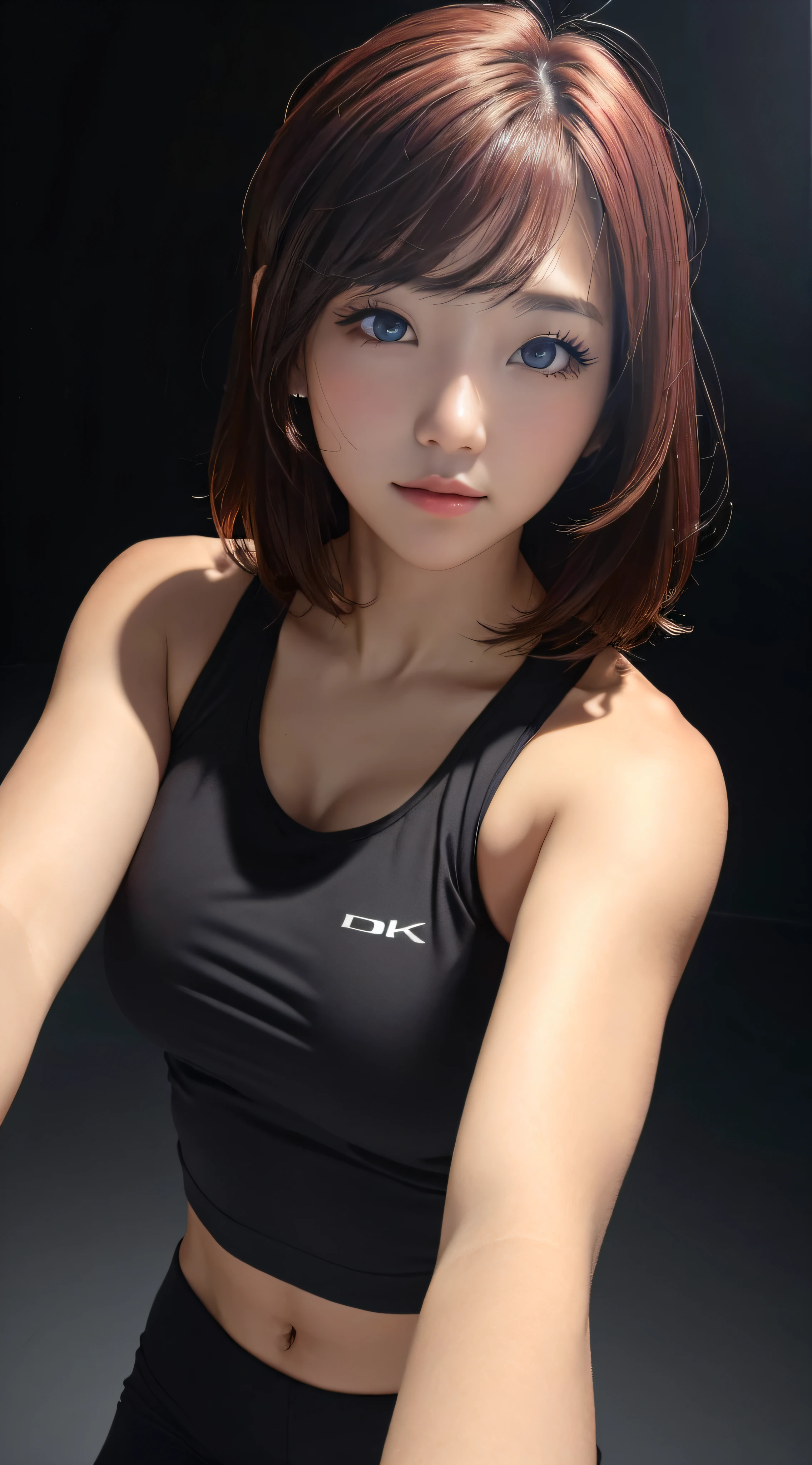 fitness girl, 8k, perfect lighting, perfect face, delicate face, beautiful eyes, beautiful face, soft smile, upper body, (dark red hair), (simple background), (dark background), (depth of field), closeup, selfie