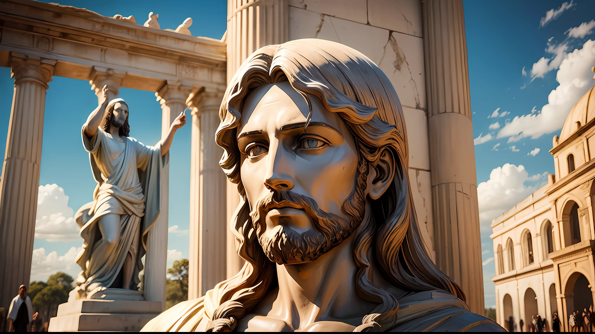 Statues of stoicism looking at the camera, statues of sages and intelligent thinkers --auto