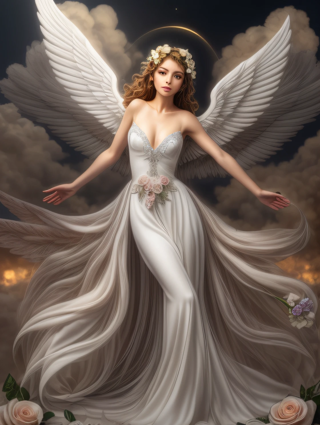 A woman with wings and flowers in her hair, beautiful angel, beautiful angel, beautiful female angel, beautiful angel girl, goddess of love and peace, tall female angel, portrait of a beautiful angel, brilliant angelic being, majestic full-body angel, ethereal angelic being of light, angelic, angel spirit guide, beautiful fairy. Best quality, realistic, realistic, award winning illustration, (highly detailed face and skin texture), (full body), (complicated detail: 1.2), (fine detail), (complicated detail), (cinematic lights, best quality backlight), sharp lines, sharp focus, official art, unit 8k wallpaper, absurd, unbelievably absurd, huge file size, Ultra-, fantasy art, RTX, ((Closing photo-up by award-Winning studio)), , (shut up), , perfect hands, beautiful detailed eyes, Perfect Face