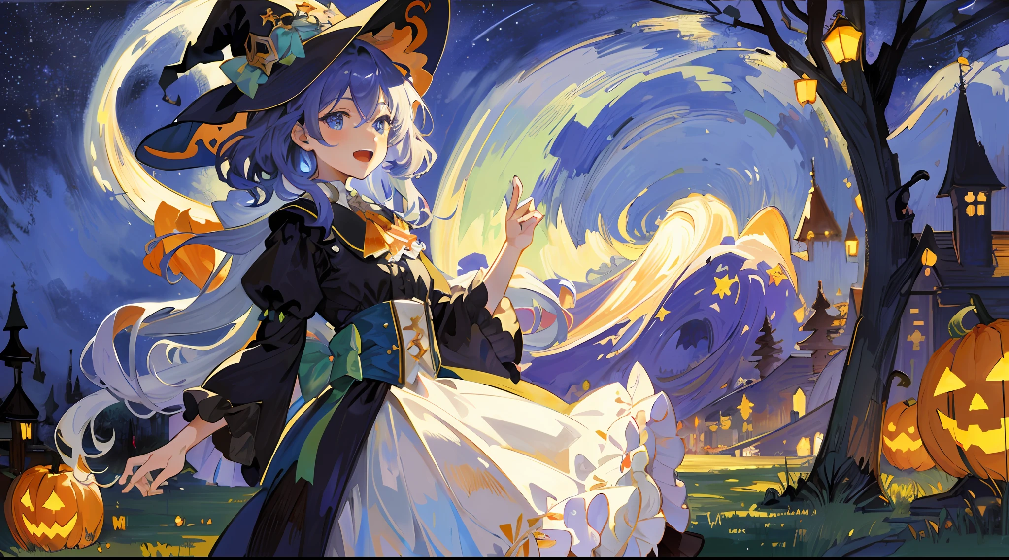 ((masterpiece:1.2, best quality)), 1girl, solo, (witch hat), a close up of a girl with curly hair, dress, aurora, night, star (sky), gloves, sky, dress, night sky, open mouth, starry sky, light blue eyes, ribbons, smile, cape, colorful hair, magic, casting spell, night, (impressionism:1.4), alphonse mucha, Halloween colors, colorful candy, magical lights, pumpkins, candies