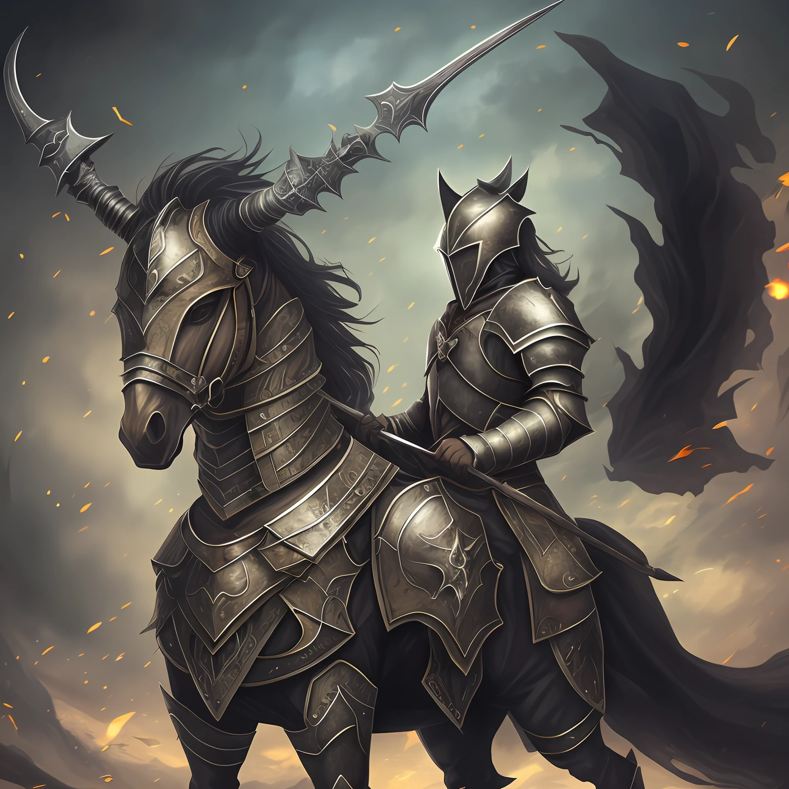 a warrior with a scary black armor and a giant sword, mounted on an all-black horse,anime,scary,terror,fear,dark,darkness,night,crime,rpg --auto