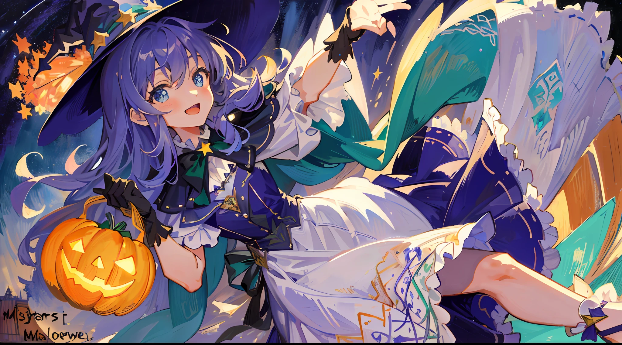 ((masterpiece:1.2, best quality)), 1girl, solo, (witch hat), a close up of a girl with curly hair, dress, aurora, night, star (sky), gloves, sky, dress, night sky, open mouth, starry sky, light blue eyes, ribbons, smile, cape, colorful hair, magic, casting spell, night, (impressionism:1.4), alphonse mucha, Halloween colors, colorful candy, magical lights, pumpkins, candies