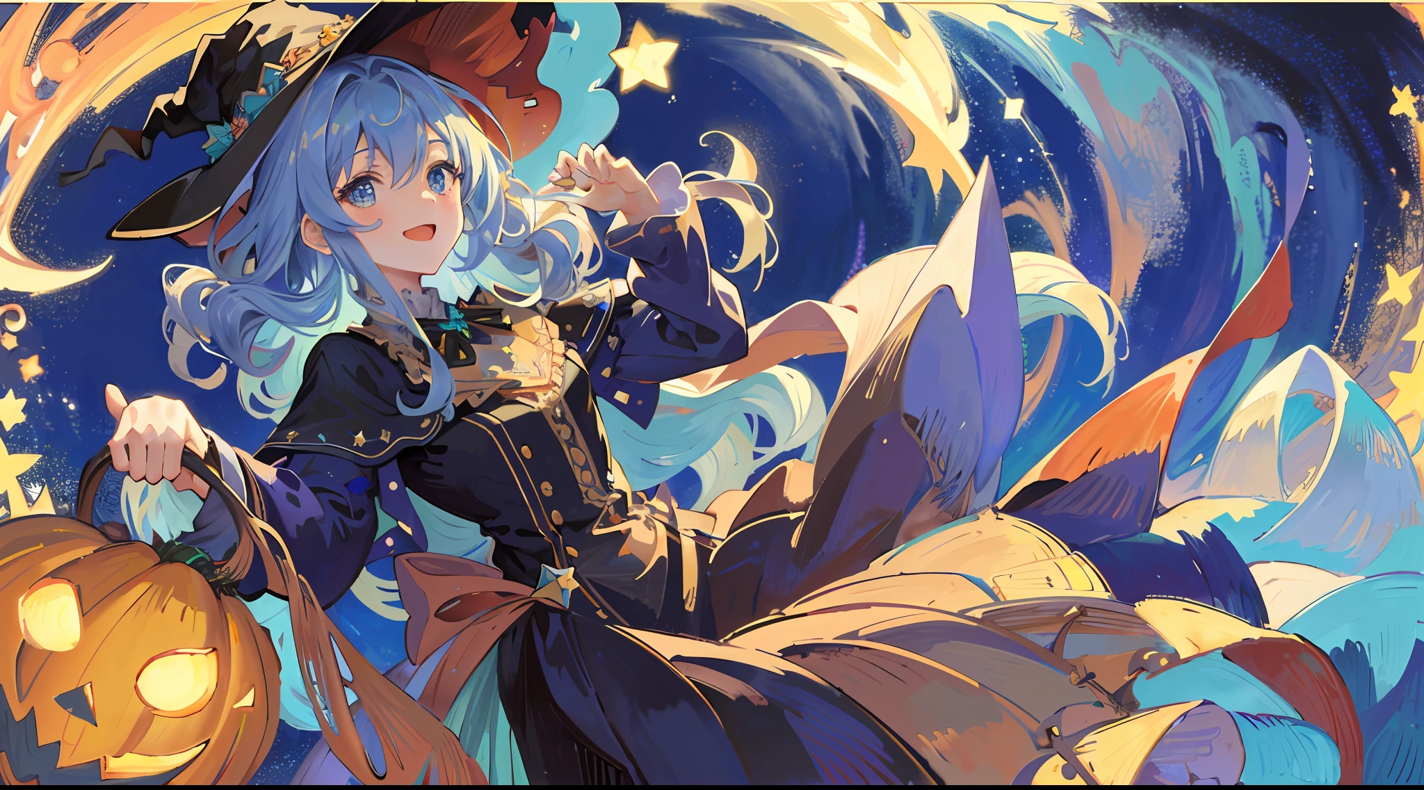 ((masterpiece:1.2, best quality)), 1girl, solo, (witch hat), a close up of a girl with curly hair, dress, aurora, night, star (sky), gloves, sky, dress, night sky, open mouth, starry sky, light blue eyes, ribbons, smile, cape, colorful hair, magic, casting spell, night, (impressionism:1.4), alphonse mucha, Halloween colors, colorful candy, magical lights, pumpkins, candies