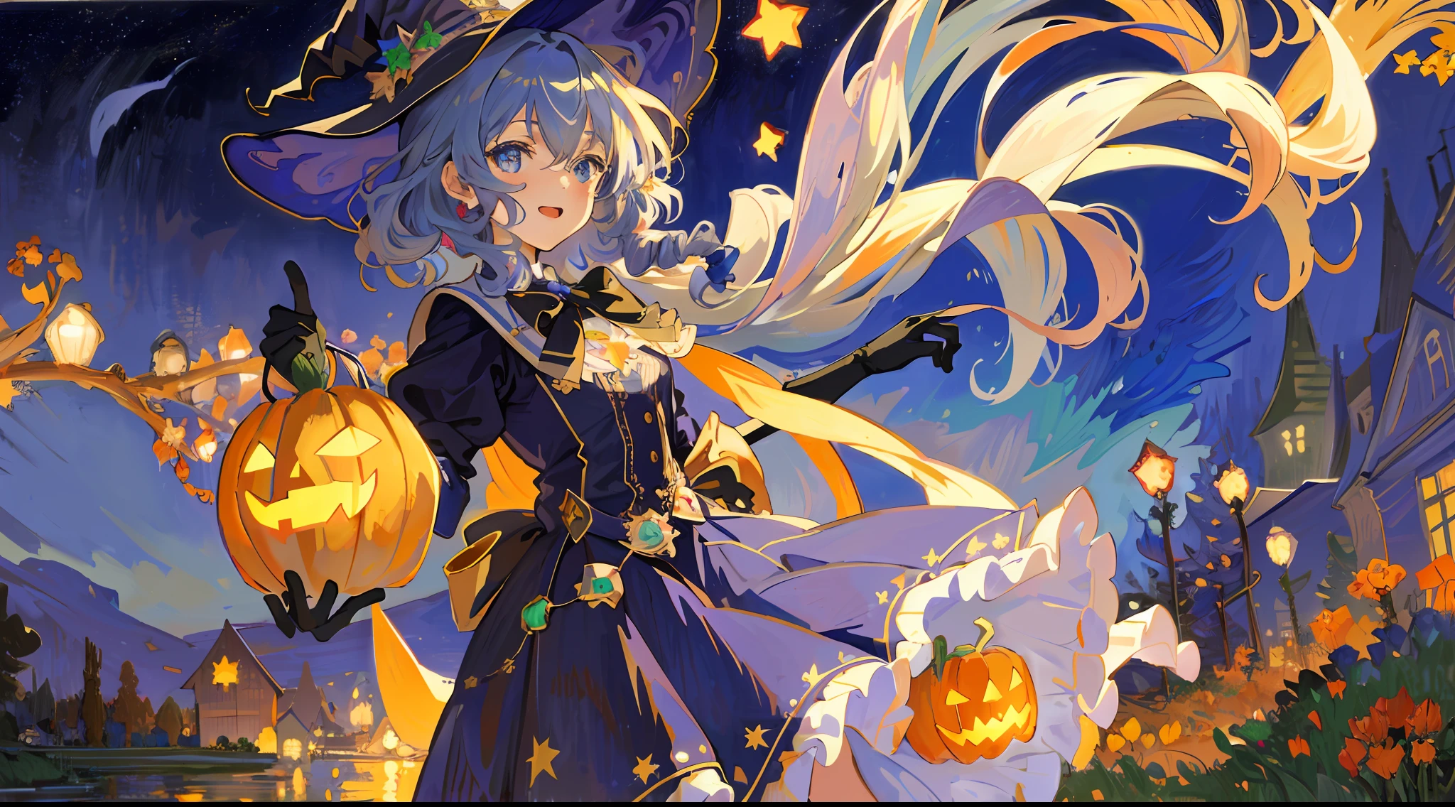 ((masterpiece:1.2, best quality)), 1girl, solo, (witch hat), a close up of a girl with curly hair, dress, aurora, night, star (sky), gloves, sky, dress, night sky, open mouth, starry sky, light blue eyes, ribbons, smile, cape, colorful hair, magic, casting spell, night, (impressionism:1.4), alphonse mucha, Halloween colors, colorful candy, magical lights, pumpkins, candies