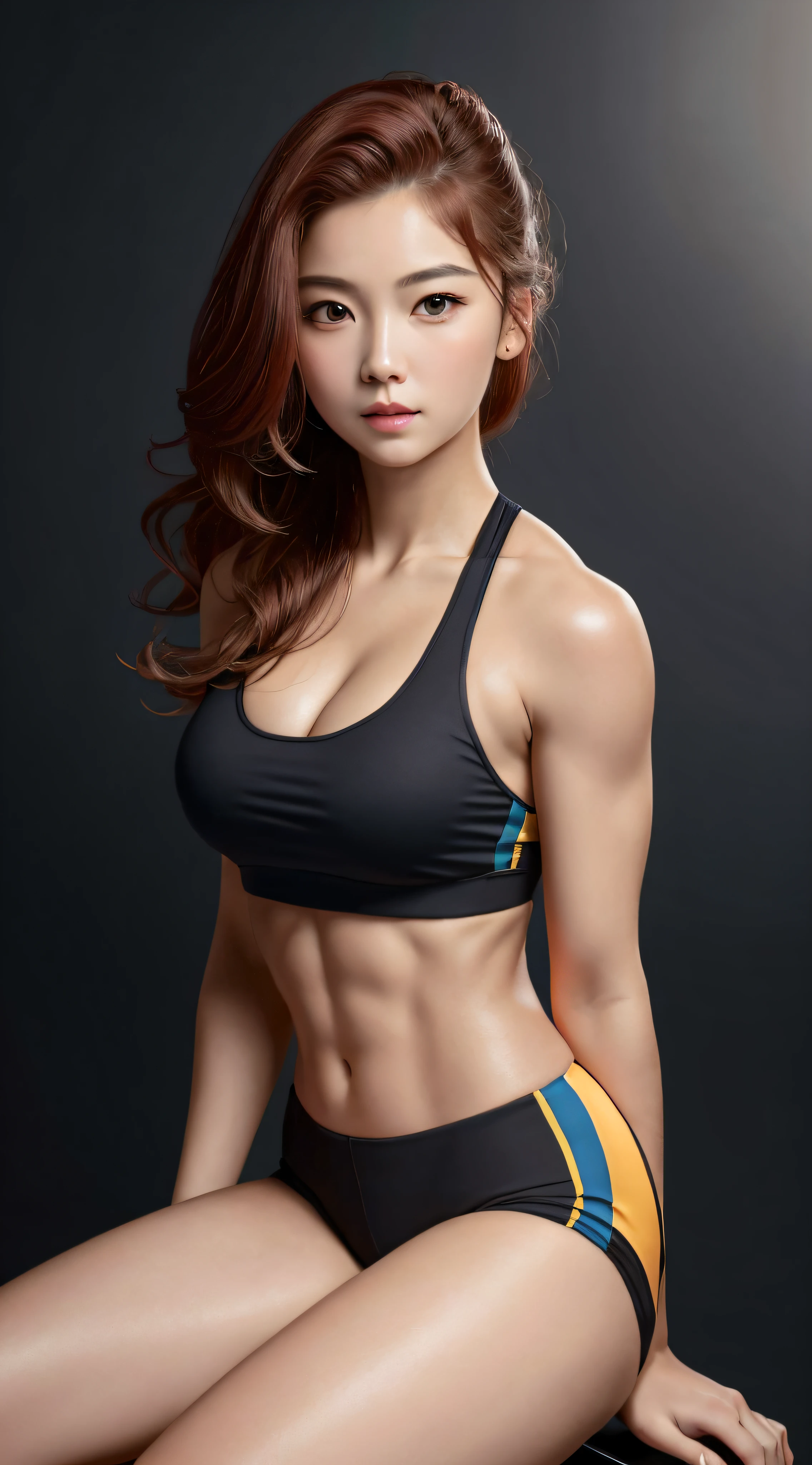fitness girl, 8k, perfect face, delicate face, beautiful eyes, pretty face, soft smile, movie shot, masterpiece, highest quality, full body (dark red hair), (simple background), (depth of field), closeup, selfie
