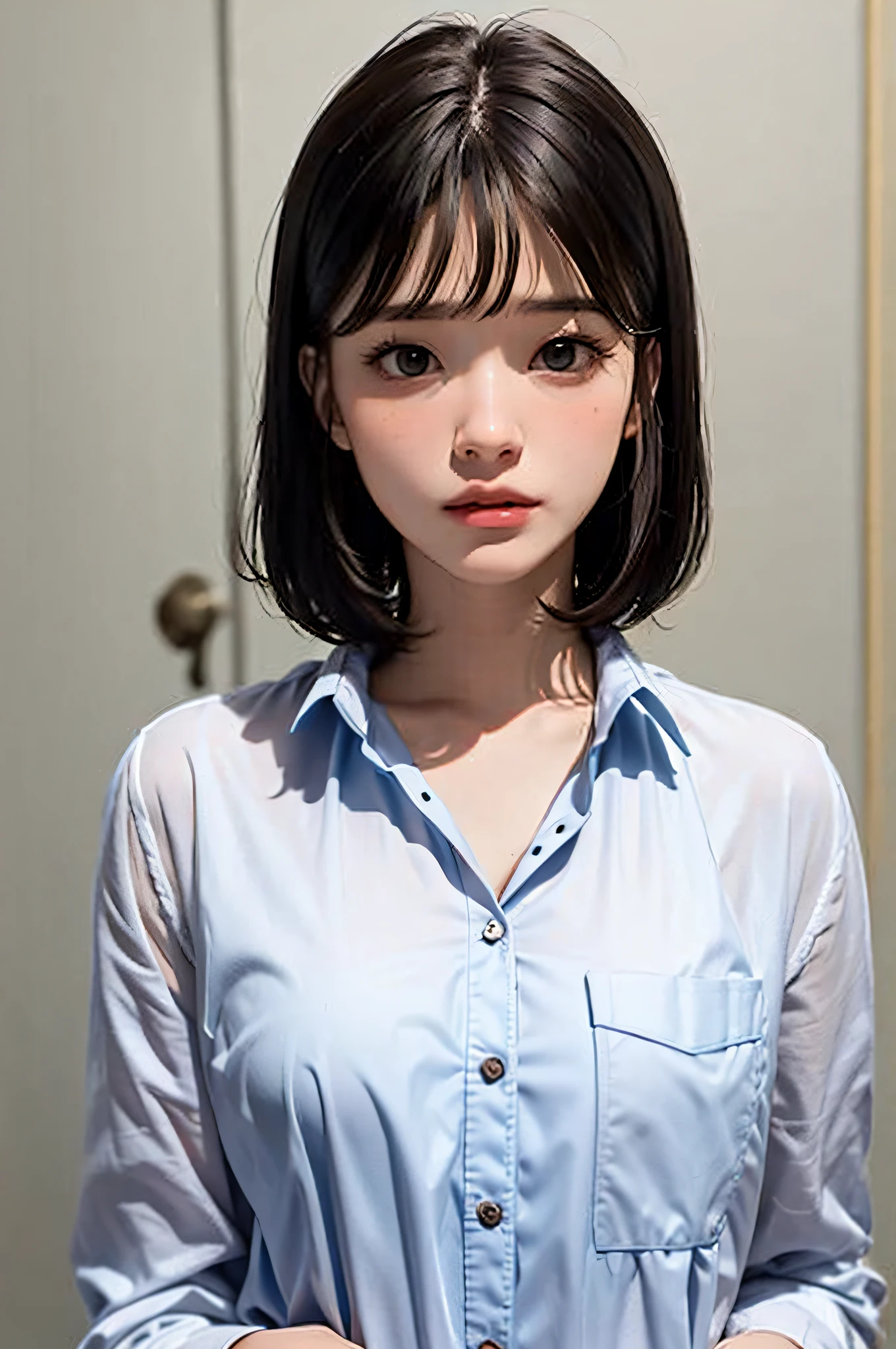 A woman in a white shirt standing in front of the door with short hair, close-up of an anime girl in real life, realistic. Cheng Yi, hyper-realistic anime, realistic young anime girls, kawaii realistic portrait, realistic anime 3 D style, hyper-realistic schoolgirl, realistic anime, girl portrait, semi-realistic anime, surreal schoolgirl, bare shoulder, delicate collarbone, clothes open, open clothes, no lingerie, 🤤 no bra