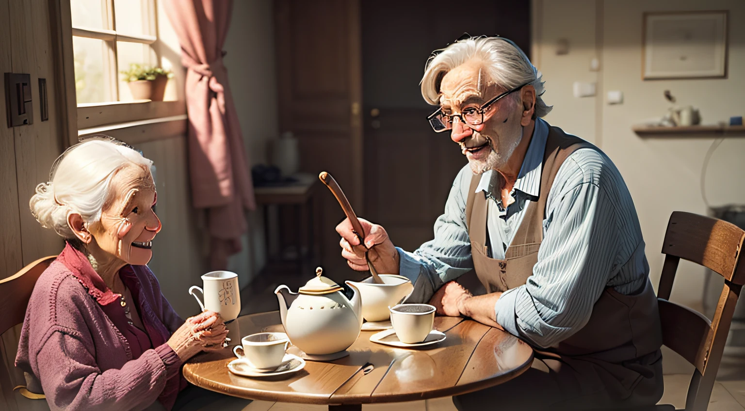 "ONE OLD HAPPY FACIAL EXPRESSION THE OTHER IS OLD", two people, the old woman is sitting in the chair knitting and the old man is bringing his tea and walking with a cane, they are in his humble house, they preserve the specific characteristics of each person, extremely detailed, the image will be in animation.