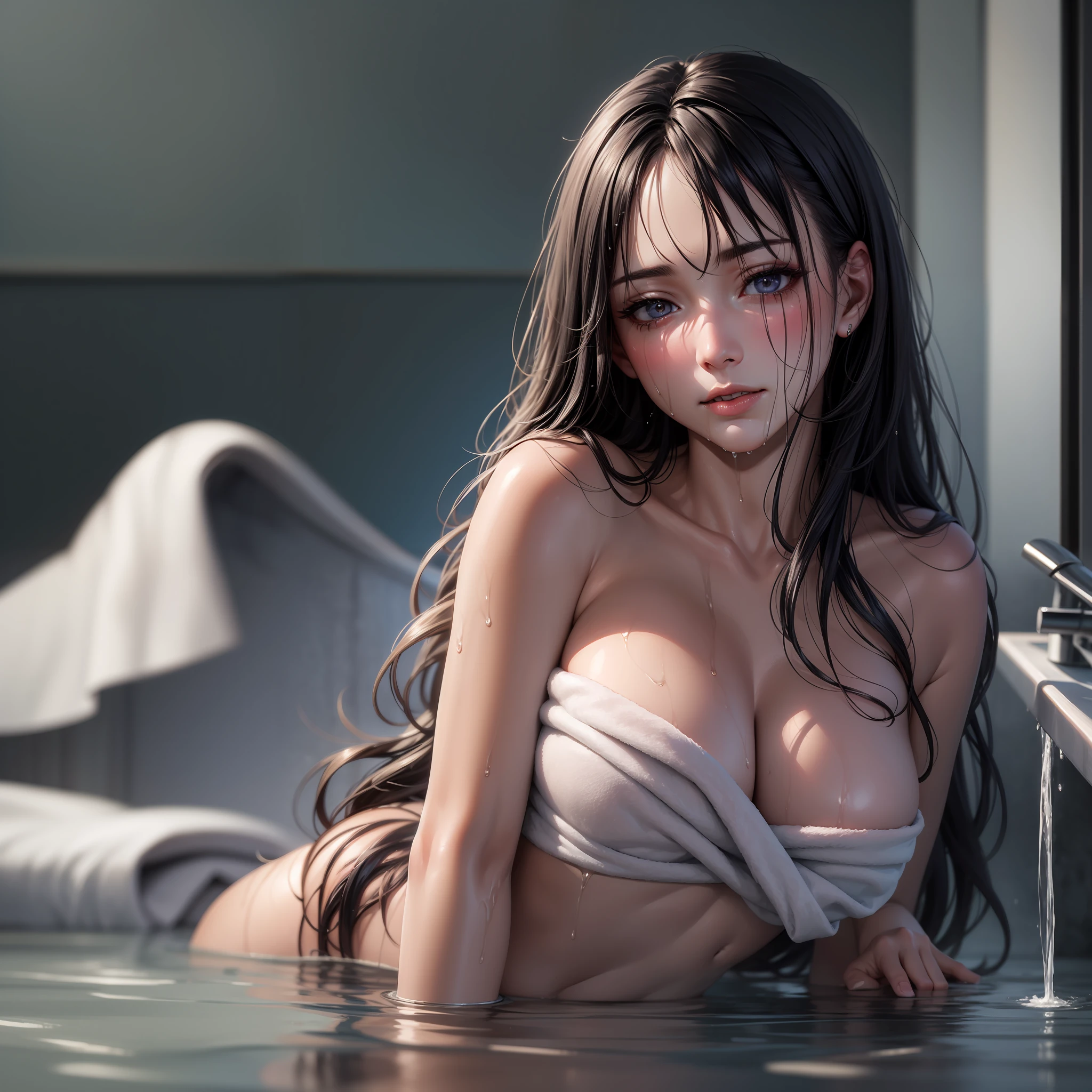 "With beautiful fair skin, delicate, delicate facial features, - a lovely girl, long hair, bright colors. Bright, bathroom, drenched, (wet), (sprayed), (towel wrapped), (full-body), cute, 8K quality, extreme details, realistic movie lighting, good facial features,