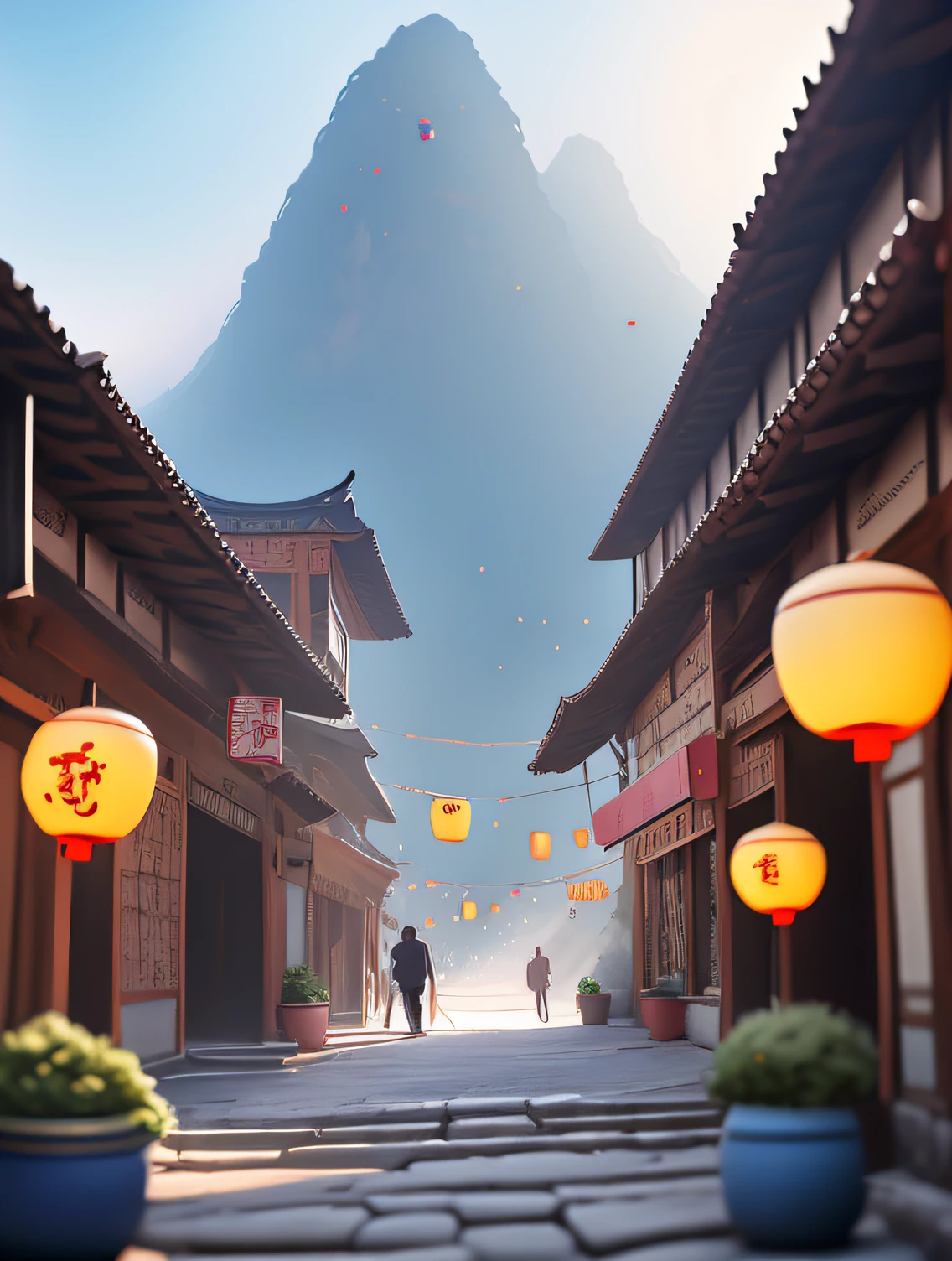 Under the black sky is the ancient town of Shaxi in Dali in black, the red paraglider show is gliding down in the sky, masterpiece, best quality, high quality, oil painting, award winning photography, bokeh, depth of field, HDR, bloom, chromatic aberration, photorealistic, very detailed, trending on artstation, trending on CGsociety, intricate, high detail, dramatic, midjourney art (volumetric lighting: 1.2)
