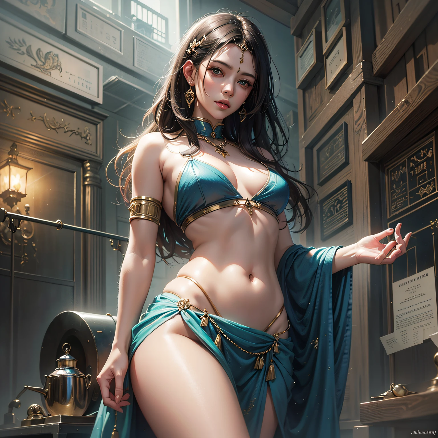 full body, (RAW: 1.2), (Realistic: 1.4), (Clarity: 1.2), (A Woman), , ((Height: 3.5))), (Tongue studs), (Lip nails), (Umbilical nails), Gemstones Refract Dazzling Light))), (Breasts: 1.8), (Areola: 2), (Abs: 0.7), (Buttocks: 2.0), (Healthy Skin, Thin Skin, Alluring Expression, Double eyelids, jelly textured lips, glowing lips, cherry small mouth, small upturned lips, Lip studs under the lips, pattern under the eyes, gold pattern tattooed on the forehead, (((flawless skin texture))), real pores, textured skin, (wearing gems, pearls, emerald, amber,), (dynamic hair, high ponytail hairstyle, beaded hairpins, layered hair, wet hair, loose hair, wet skin texture), sweat dripping all over, shiny skin, glowing skin, radiant, eyes looking at the lens, high-quality details, cinematic lighting, ((backlight)), ridiculous, Unbelievably ridiculous, huge file size, super detailed, high resolution, very detailed, best quality, masterpiece, illustration, very detailed, CG, unity, 8k wallpaper, amazing, fine detail, masterpiece, light on face, backlight, cinematic lighting, (((wide angle lens))), (fisheye))), ((side to the camera)), ((seen from below)), ((high jumper's body proportions)), ((obesity: 0.0)), ((((no panties)))), ((no panties))), ((( No pants))),(((No socks)))),(No skirt)))),((No shoes)))),((Dynamic posture)))),(Fighting stance)))), (Full body))), (Legs raised),(Legs apart)))), (Greek feet), (Carefully groomed nails),((Delicate and small toes, perfect toes))), (Camel toes),((Correct anatomy)),((Correct dissection))),( Clothing: transparent cheongsam made of transparent plastic, high slit design, white flowers cut at the waist, perfectly blending with the figure))), ((gemstones, diamonds, pendants, necklaces, waist chains, stud earrings, earrings, bracelets, anklets)), (((the sword flies, the robe flutters with the wind))), (((the world of clouds and mist))), ((the flying sword is inlaid with gems))), (the clothes are painted with ink landscape paintings) --a