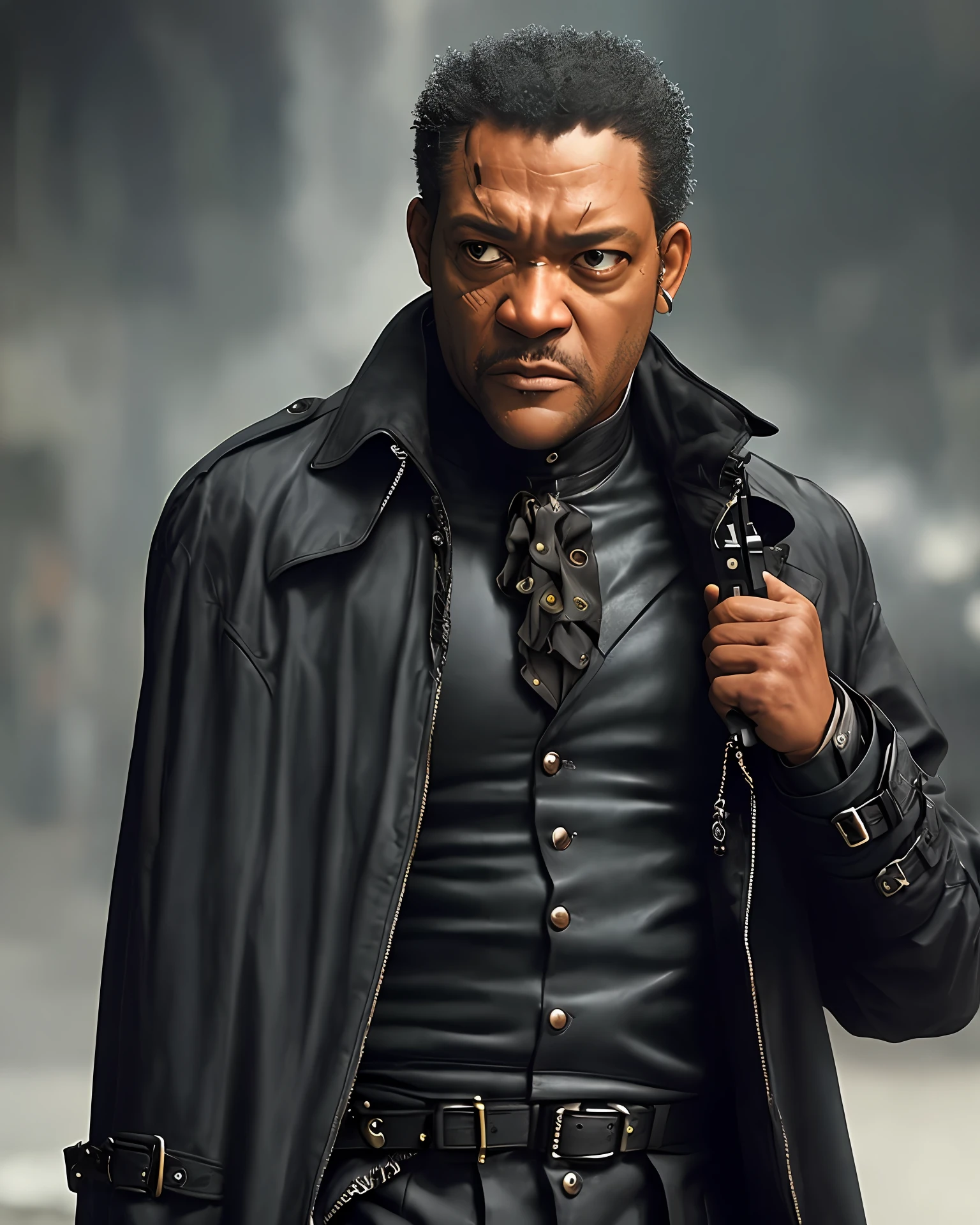 8k, RAW photos, superior quality, masterpiece: 1.2), (realistic, photorealistic: 1.37 face of Laurence Fishburne's character Morpheus from the movie matrix. Laurence Fishburne has a black trench coat. Morpheus with gun in his hands.