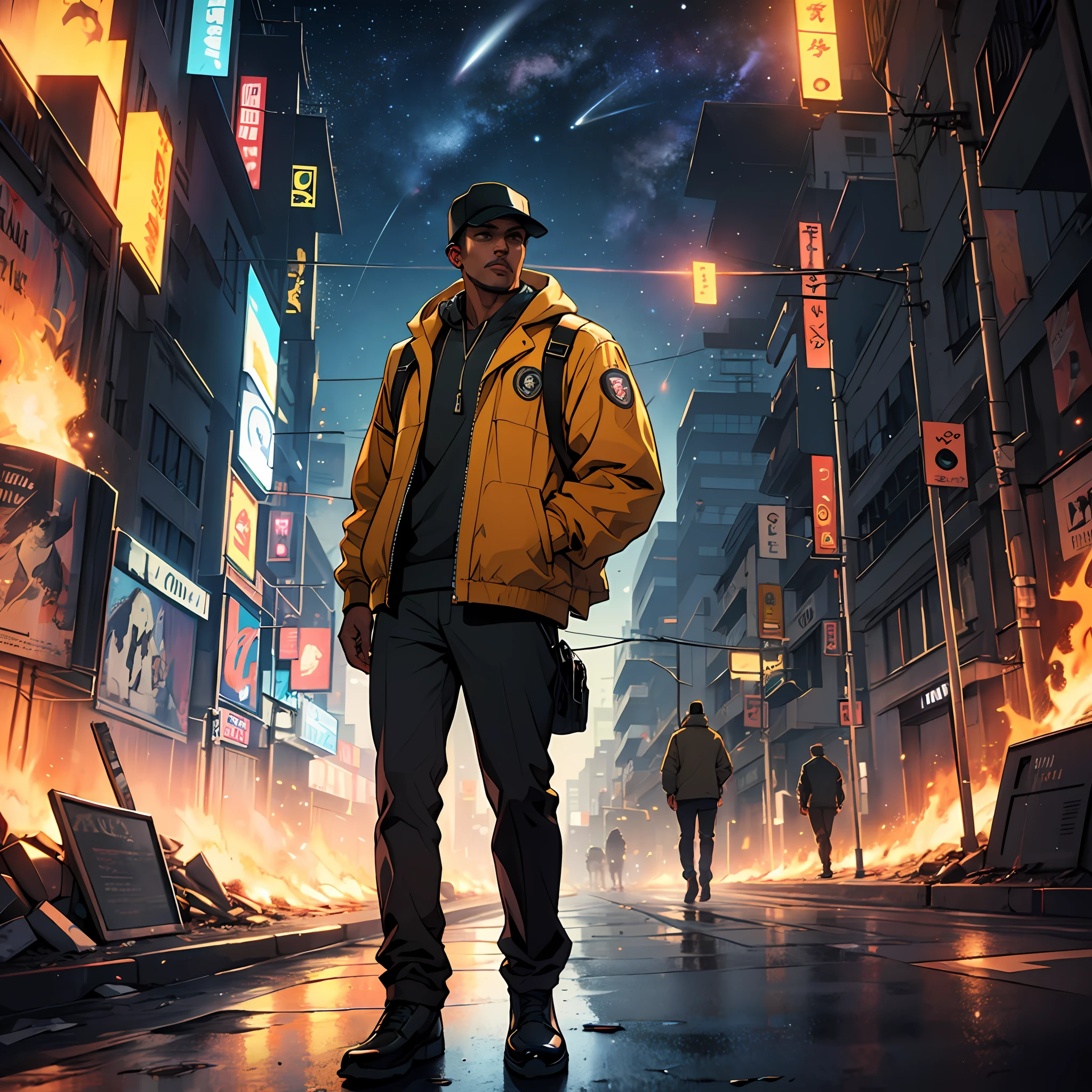 There is a man standing in the street (GTA V/GTA IV style) wearing light-toned clothes with religious appearances, the man must be floating over a universe with dark tones, fire and a Tupac album on the ground --auto