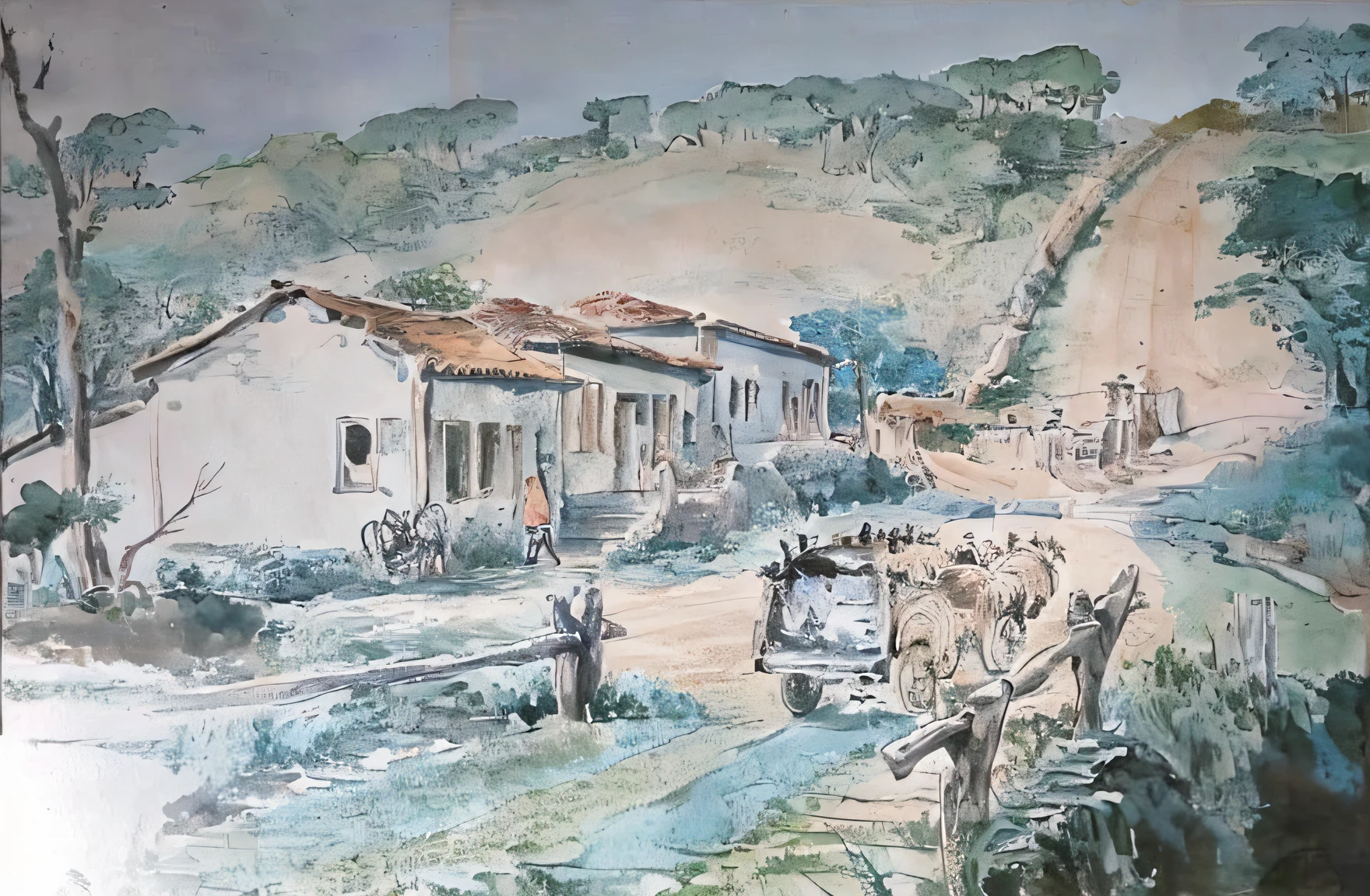 Watercolor painting, small path of rural houses, trees, bright sun, shade,