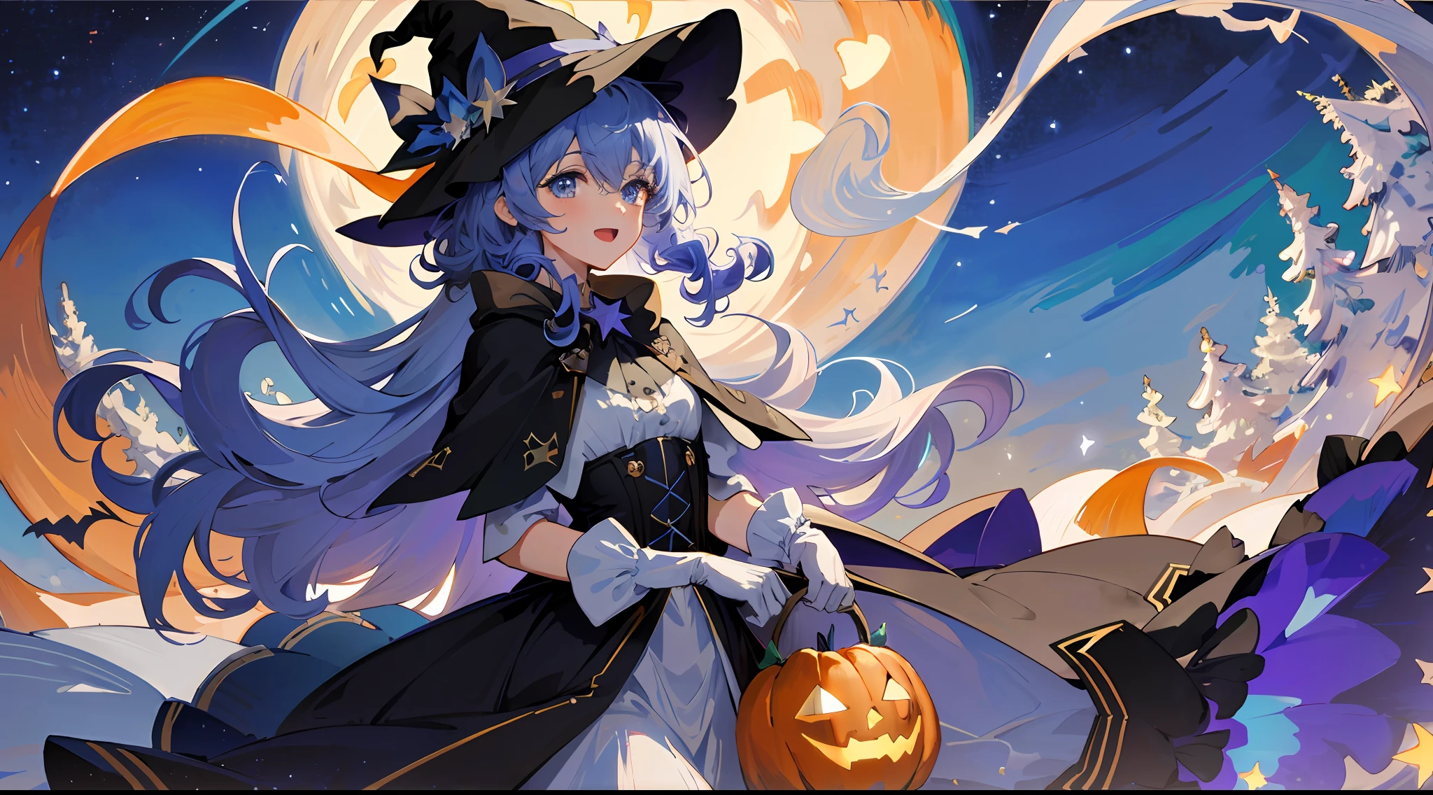 ((masterpiece:1.2, best quality)), 1girl, solo, (witch hat), a close up of a girl with curly hair, dress, aurora, night, star (sky), gloves, sky, dress, night sky, open mouth, starry sky, light blue eyes, ribbons, smile, cape, colorful hair, magic, casting spell, night, (impressionism:1.4), alphonse mucha, Halloween colors, colorful candy, magical lights, pumpkins, candies