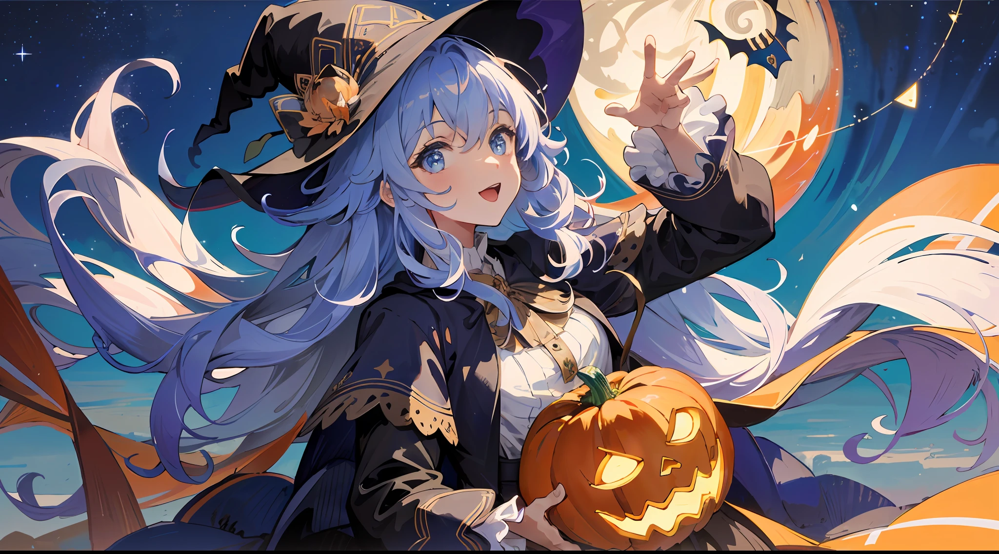 ((masterpiece:1.2, best quality)), 1girl, solo, (witch hat), a close up of a girl with curly hair, dress, aurora, night, star (sky), gloves, sky, dress, night sky, open mouth, starry sky, light blue eyes, ribbons, smile, cape, colorful hair, magic, casting spell, night, (impressionism:1.4), alphonse mucha, Halloween colors, colorful candy, magical lights, pumpkins, candies