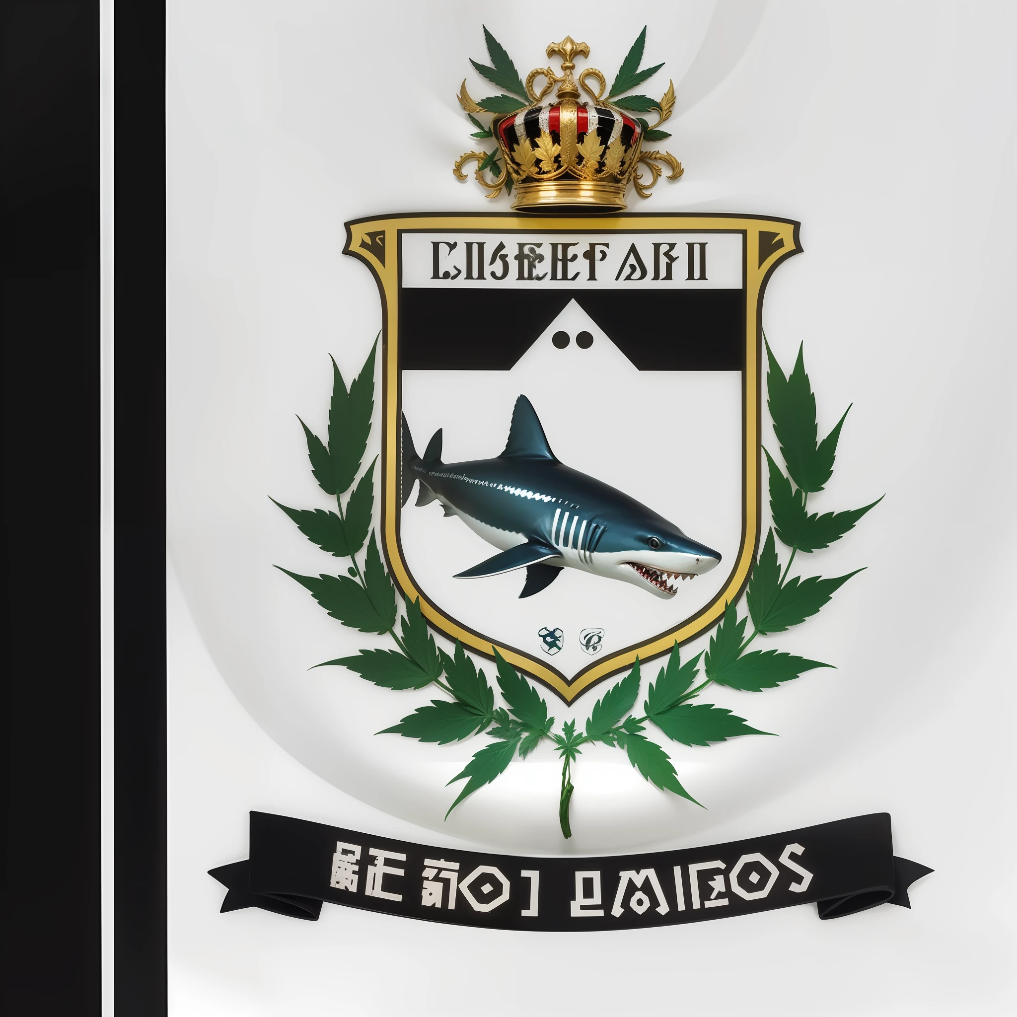 Improve this coat of arms, make it more detailed, using symbols of freedom, make the shark more ferocious to show the capacity of our organization, the branch of leaves around the shield should be the plant of cannabis sativa