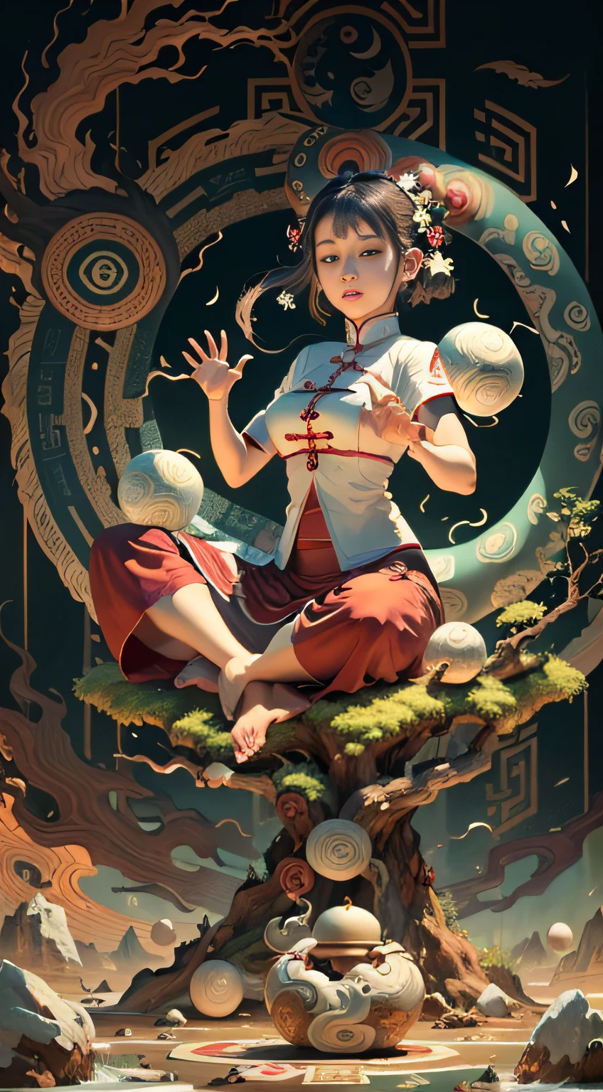 (harmony, balance, yin-yang), Chinese silk painting, Tai Chi principles, fluid motion, interconnected elements, the interplay of contrasting forces, Daoist philosophy, a touch of the I Ching, warm and cool color palette, reflective art, inspired by Laozi, Zhuangzi, Yin Yang diagrams, Taijitu, the Bagua, the fusion of the spiritual and the physical,1girl,solo, grabbing breasts,, daoist, summon magic, cinematic lighting, fire and ice split, bagua background, circular bagua, yi yang, daoist practice, mediation sit, buddha sit, spiral loong, cloud loong at the top,