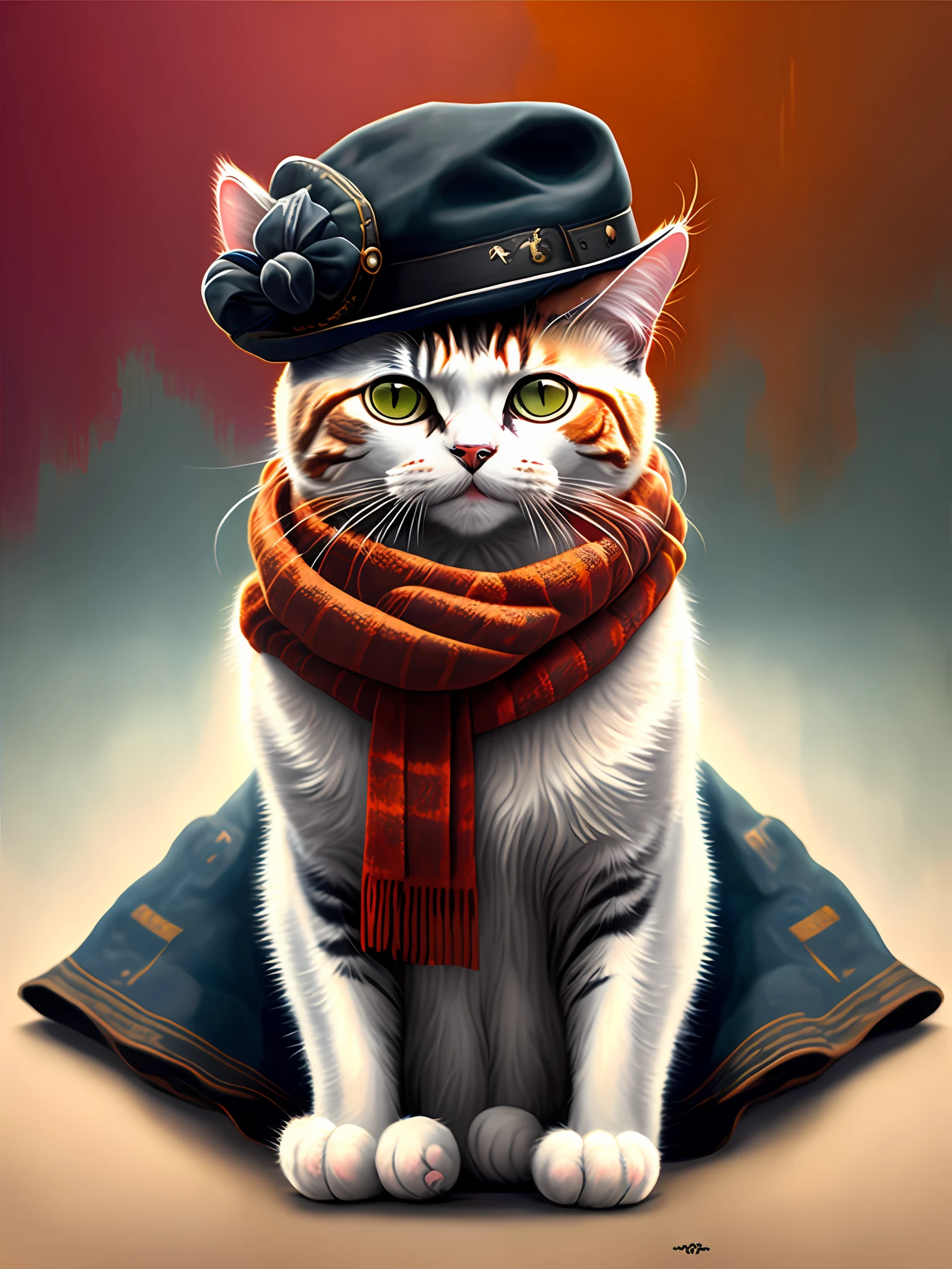a painting of a cat wearing a hat and scarf, trending in the art station, dressed in punk clothes, detailed hyper realistic rendering, british gang member, street style, intimidating pose, planet of the cats, clothes with fashion, urban samurai, meow, west slavic features, 8 1 5, animations