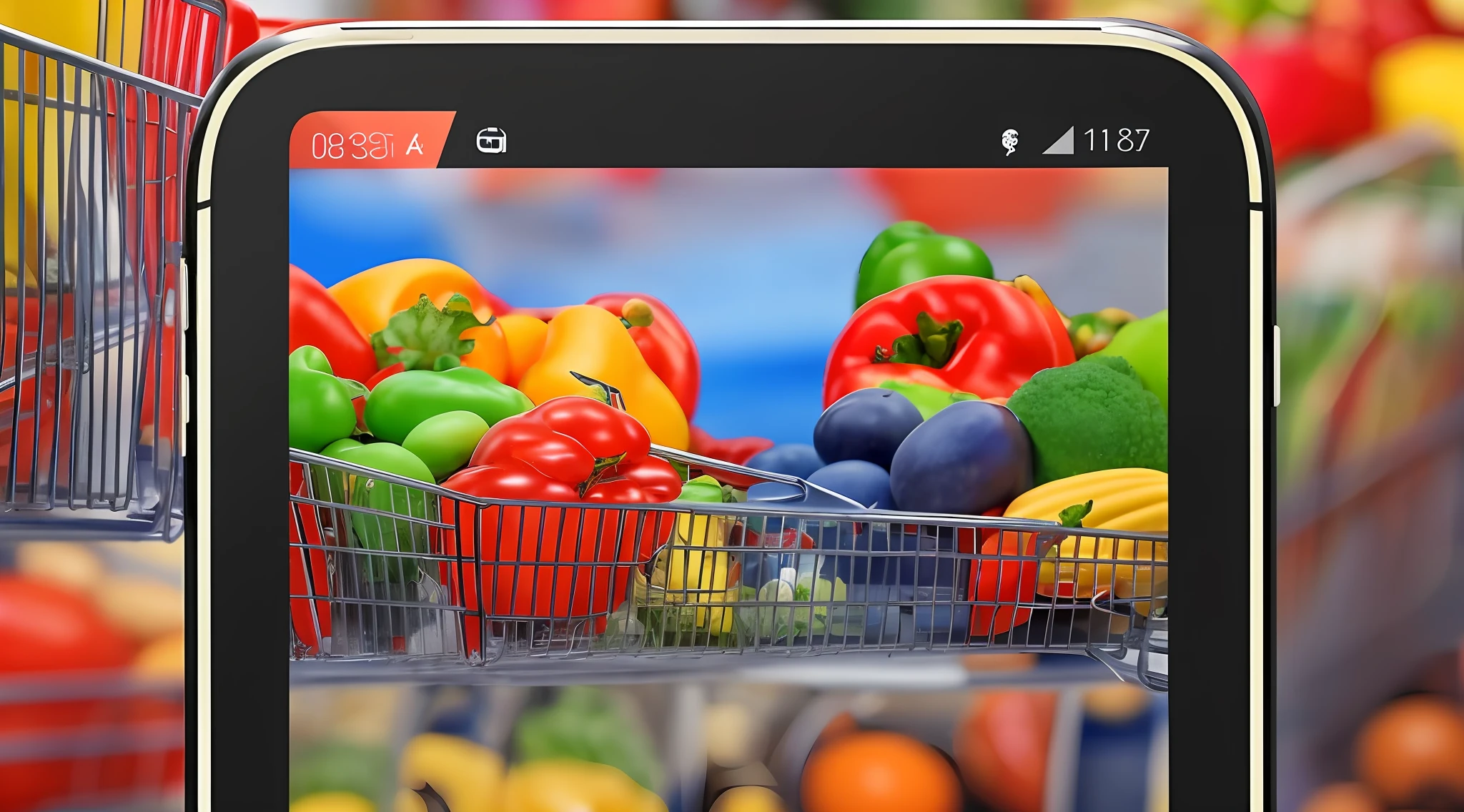 a closeup of a mobile phone with a shopping cart full of products, 4K online store commercial, scanning of items with smartphone, online shopping, 4K photography, cover photo, on a colorful background, by Juan O'Gorman, shopping carts full of products, 4k product photography, amazing wallpaper