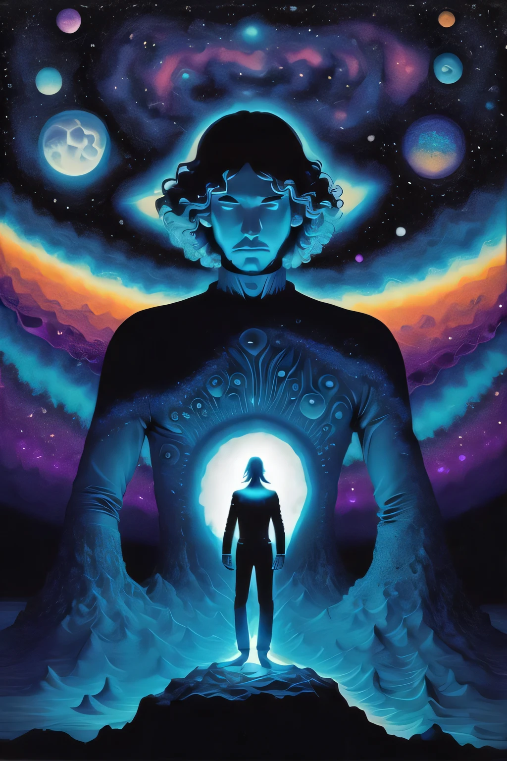 (low contrast ), colorfantasystyle Man at edge of creation of the universe
