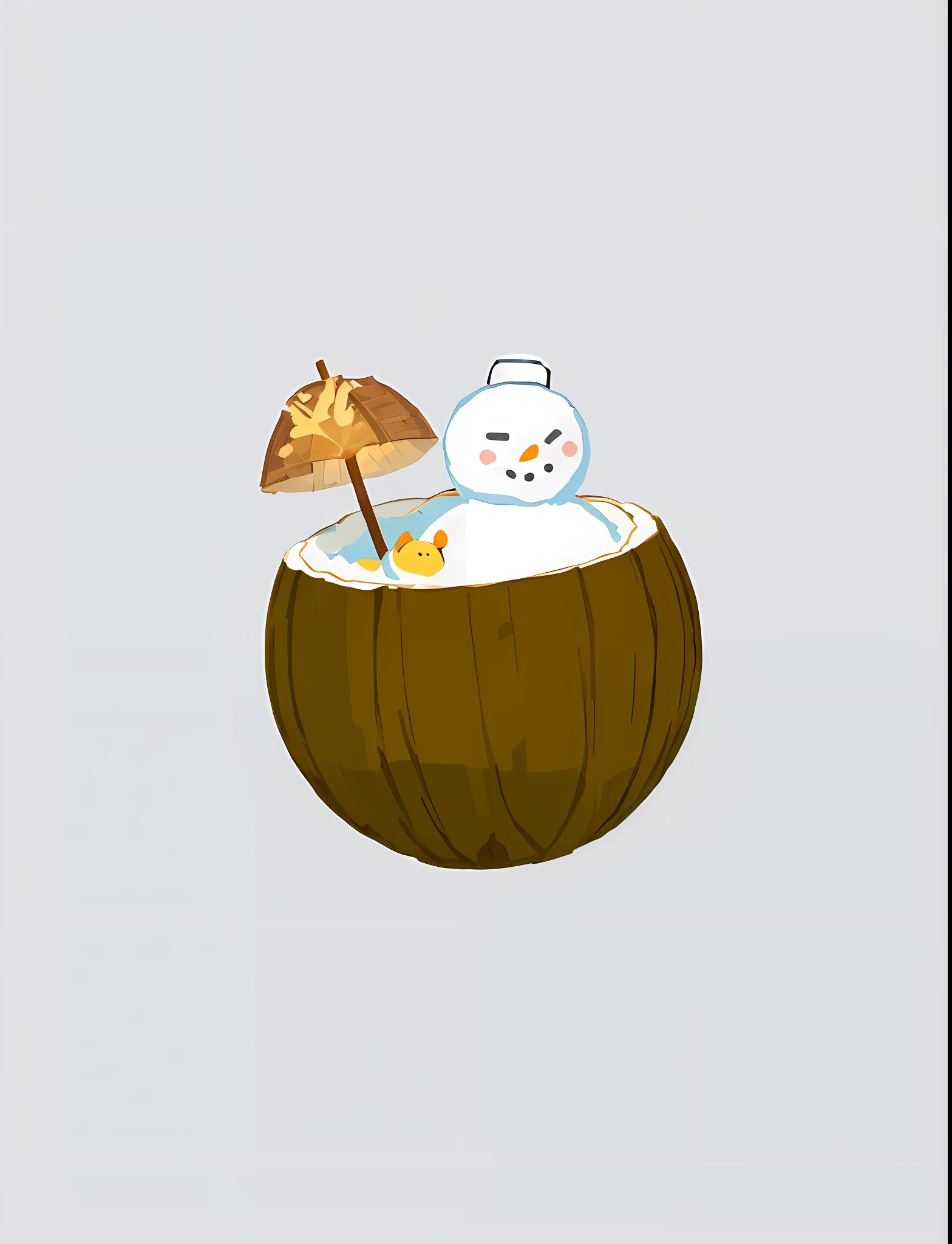 Masterpiece, best quality, simple background, best quality, masterpiece, 8k, 4k, extreme resolution, ultra-high resolution, minimalist art style, (flat painting: 1.15), brown half coconut shell, (snowman on coconut: 1.15), (cute: 1.35), cartoon, (snowman living in coconut shell: 1.75), wavy mouth,