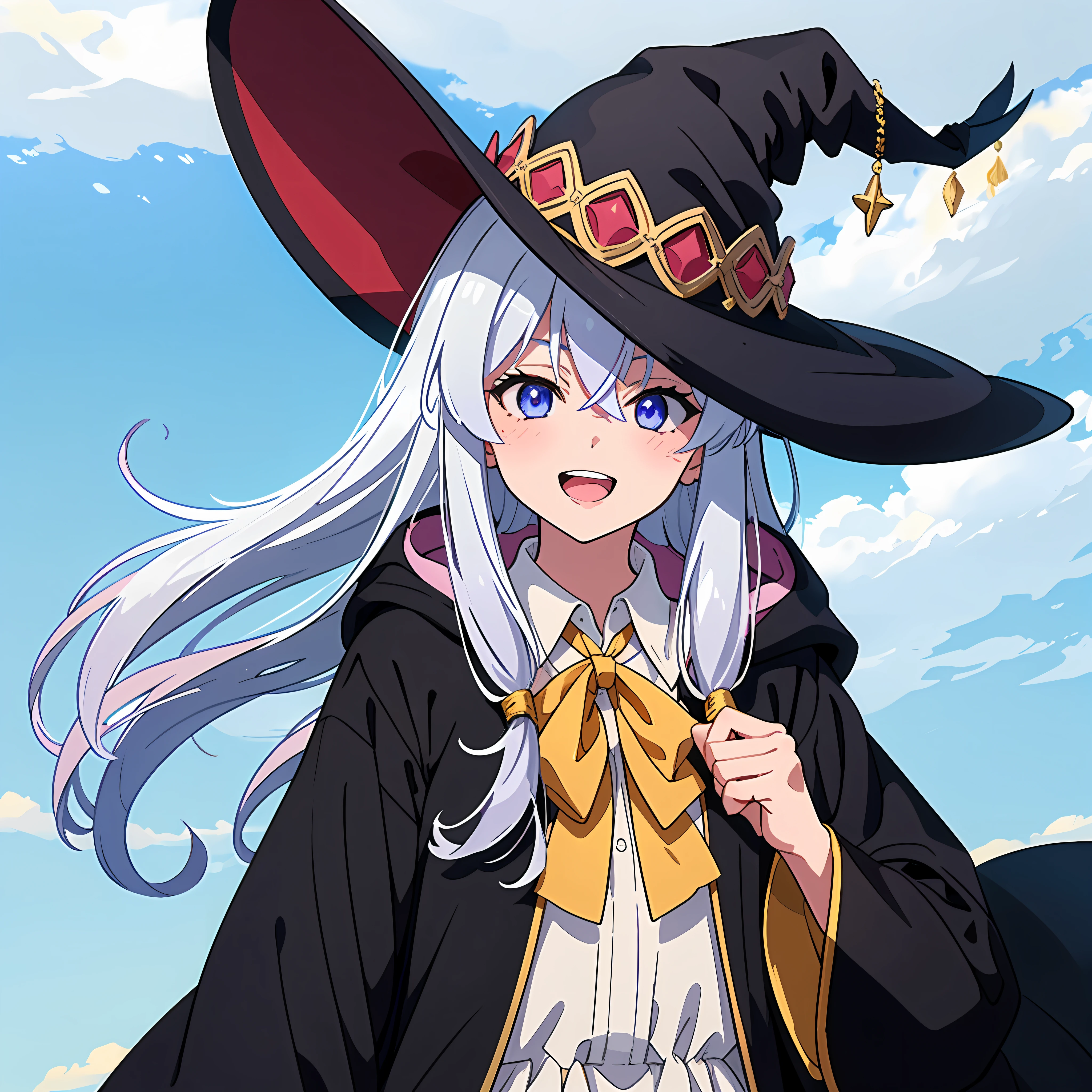 (masterpiece:1.6, best quality), (finely detailed beautiful eyes: 1.2),  phelaina, Eouftit3,  Eof3, 1girl, elaina (majo no tabitabi), solo, witch hat, long hair, black headwear, blue eyes, collared shirt, hair between eyes, white shirt, ribbon, yellow ribbon, bangs, upper teeth only, teeth, neck ribbon, bow, witch, open clothes, blush, anime coloring, hood, yellow bow, jewelry, floating hair, yellow bowtie, shiny hair, bowtie, black robe, wing collar, open robe, purple eyes, dress shirt
,  anime color,