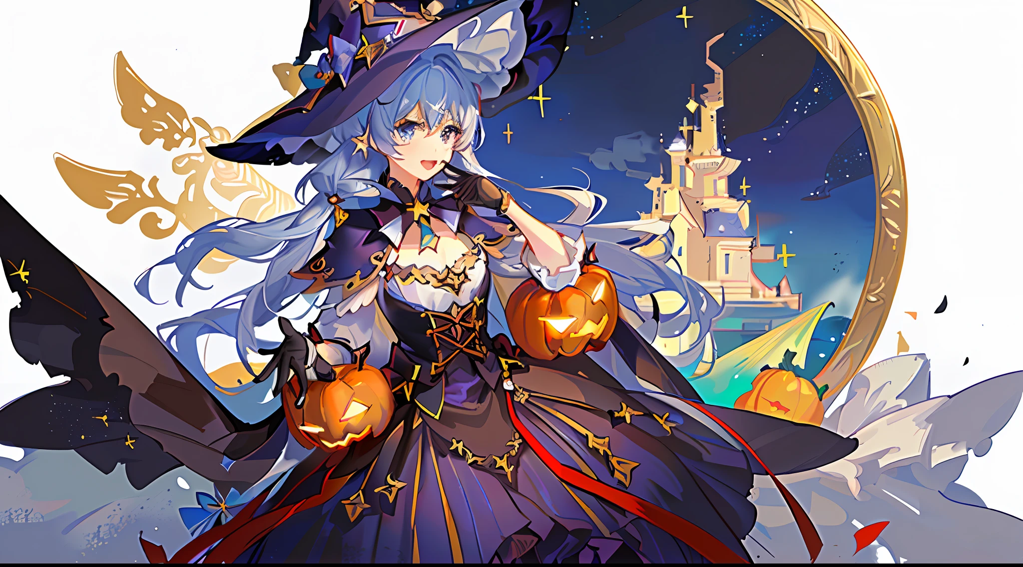 ((masterpiece:1.2, best quality)), 1girl, solo, (witch hat), a close up of a girl with curly hair, dress, aurora, night, star (sky), gloves, sky, dress, night sky, open mouth, starry sky, light blue eyes, ribbons, smile, cape, colorful hair, magic, casting spell, night, (impressionism:1.4), alphonse mucha, Halloween colors, colorful candy, magical lights, pumpkins, candies