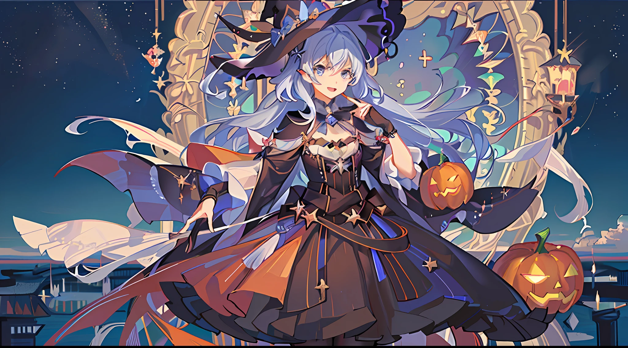((masterpiece:1.2, best quality)), 1girl, solo, (witch hat), a close up of a girl with curly hair, dress, aurora, night, star (sky), gloves, sky, dress, night sky, open mouth, starry sky, light blue eyes, ribbons, smile, cape, colorful hair, magic, casting spell, night, (impressionism:1.4), alphonse mucha, Halloween colors, colorful candy, magical lights, pumpkins, candies