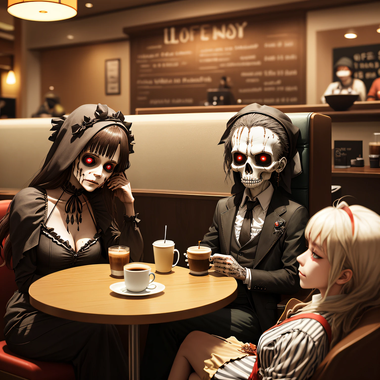 arafed couple dressed up as zombies sitting at a table, surreal tea party, apocalypse wedding, by Brigette Barrager, by Lee Loughridge, by John Alexander, by Robert Brackman, ska skeleton and girlfriend, in style of tim walker, by Gwen Barnard, by Derek Chittock, by Edward Corbett, steven klein, by Heather Hudson --auto